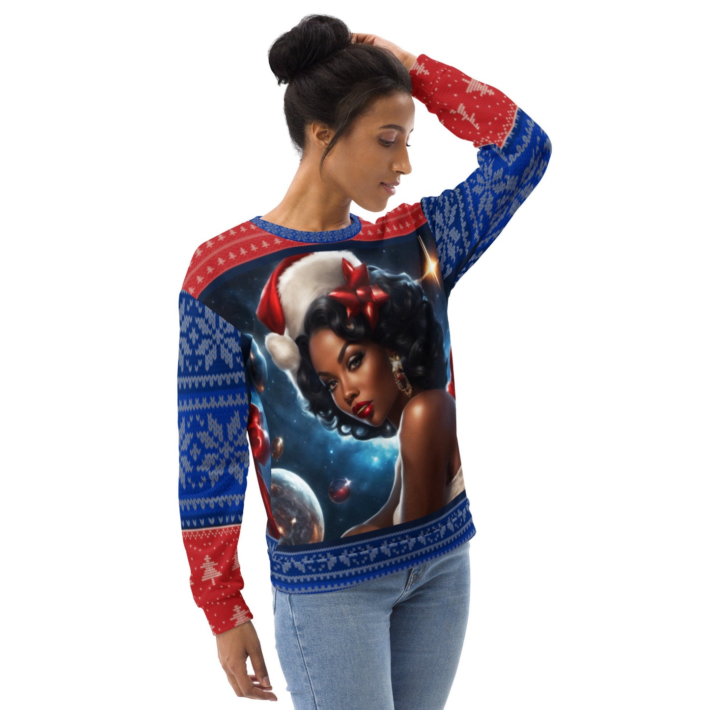 Red and Blue Ugly Christmas Sweatshirt Gift for Her | Black Girl Space Age Christmas Sweatshirt | Women's Ugly Christmas Sweater Design