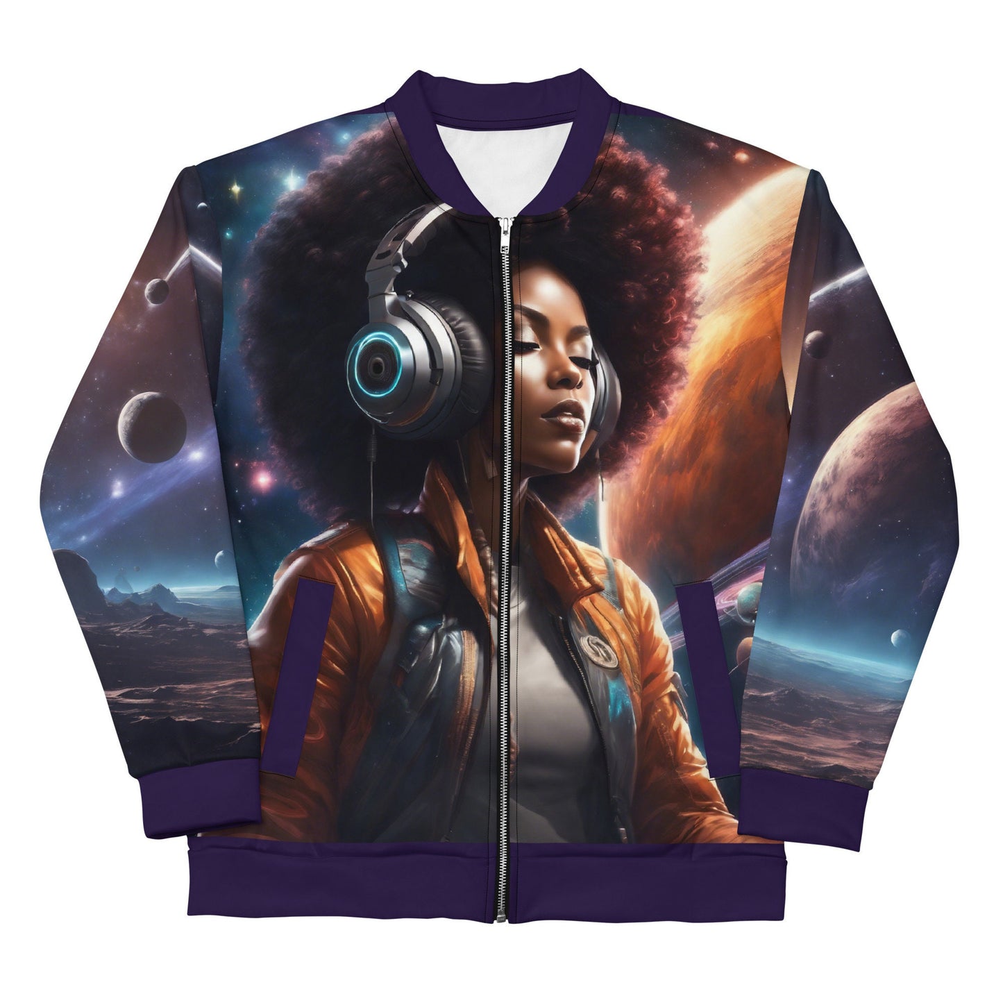 Black Woman with Afro Spaced Out with headphones Unisex Bomber | This All over Print  is a Unique Gift for Him or Her | Black Space Age Gift
