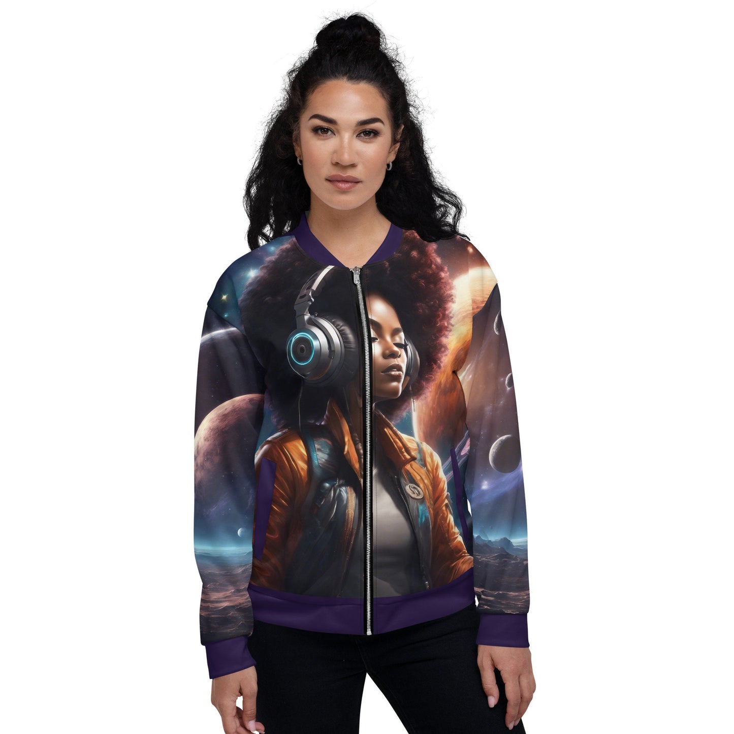 Black Woman with Afro Spaced Out with headphones Unisex Bomber | This All over Print  is a Unique Gift for Him or Her | Black Space Age Gift