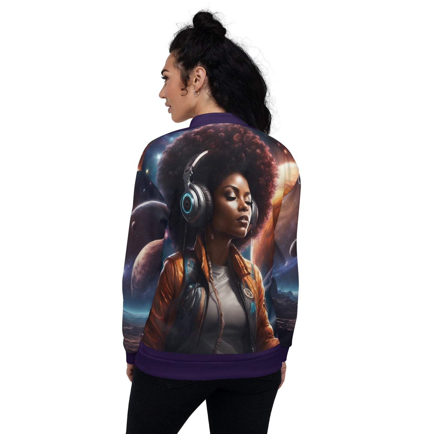 Black Woman with Afro Spaced Out with headphones Unisex Bomber | This All over Print  is a Unique Gift for Him or Her | Black Space Age Gift