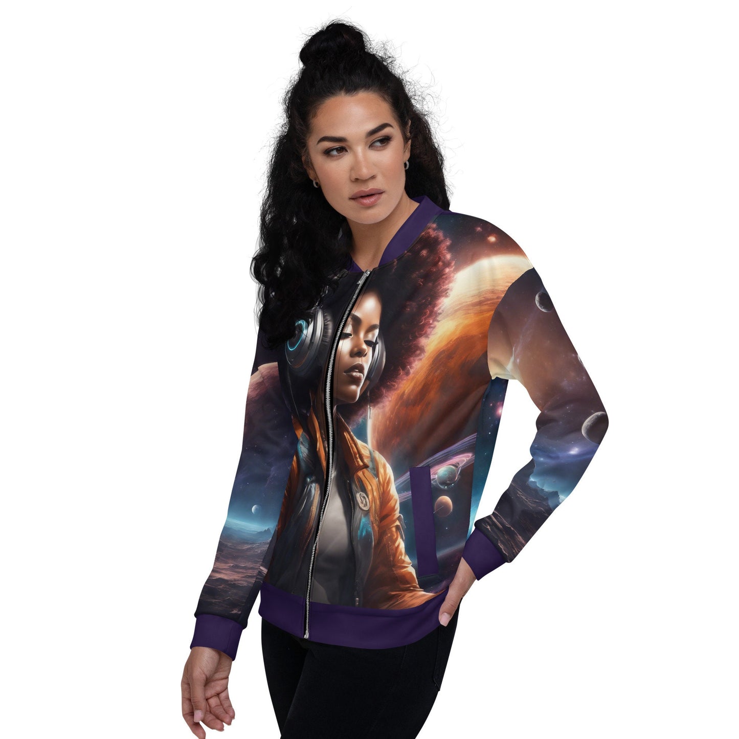 Black Woman with Afro Spaced Out with headphones Unisex Bomber | This All over Print  is a Unique Gift for Him or Her | Black Space Age Gift