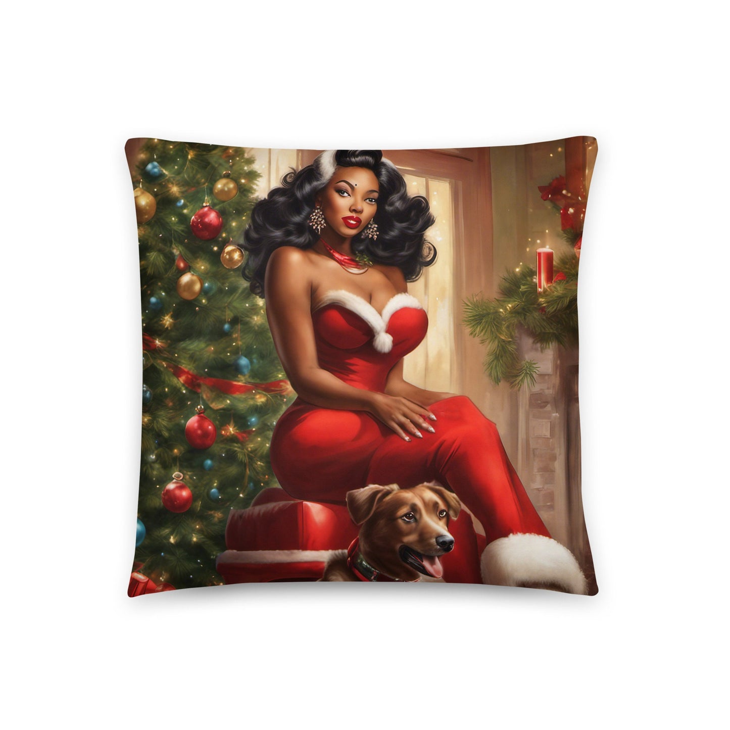 Retro Black Pin Up Girl Throw Pillow | Black Pin up with Dog Christmas Decoration | Unique Christmas Decor | Black Girl Christmas Gift