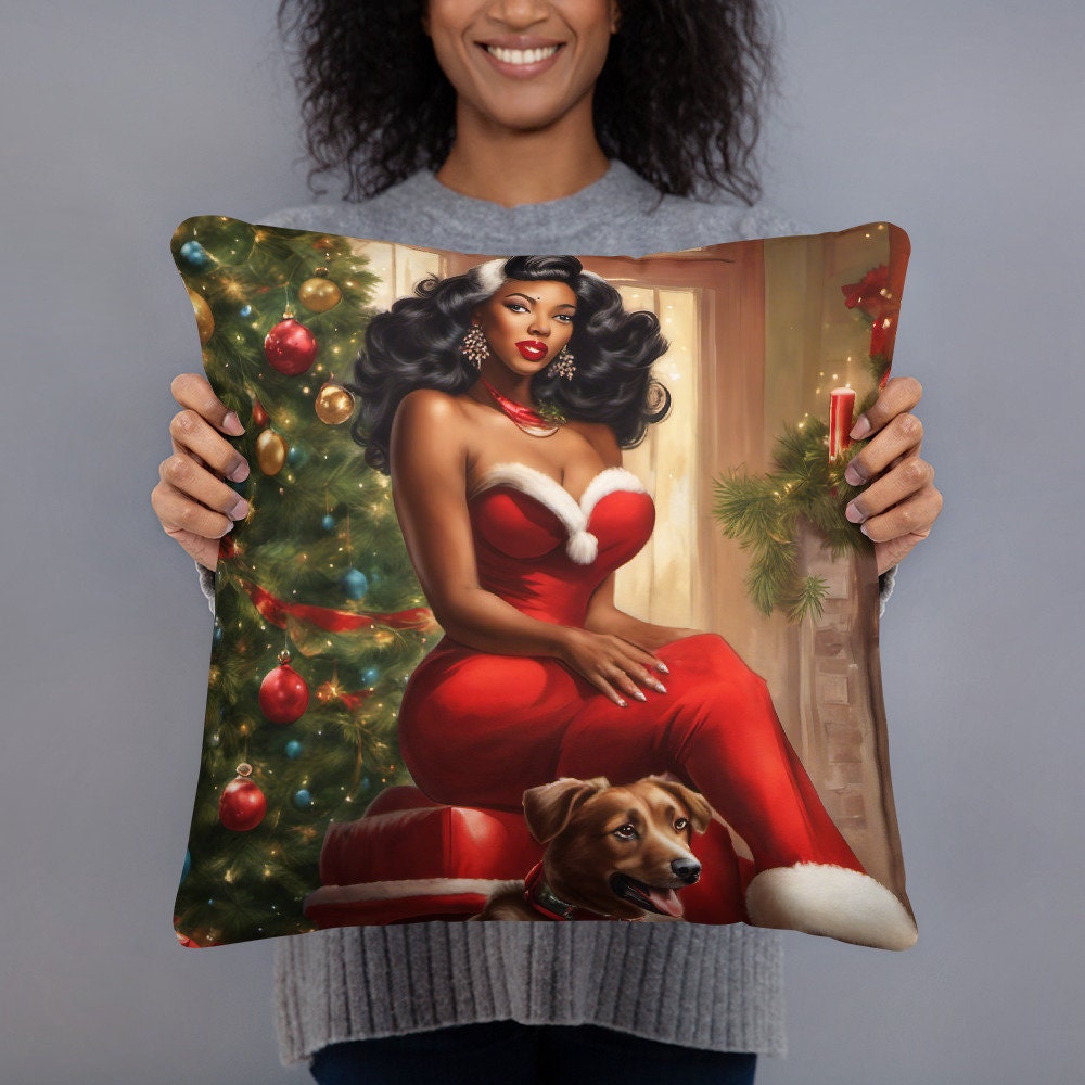 Retro Black Pin Up Girl Throw Pillow | Black Pin up with Dog Christmas Decoration | Unique Christmas Decor | Black Girl Christmas Gift