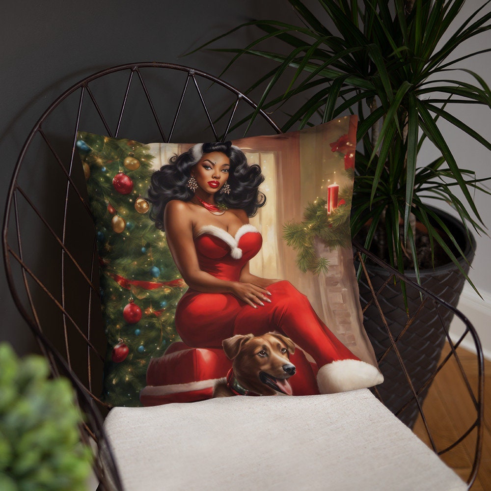 Retro Black Pin Up Girl Throw Pillow | Black Pin up with Dog Christmas Decoration | Unique Christmas Decor | Black Girl Christmas Gift
