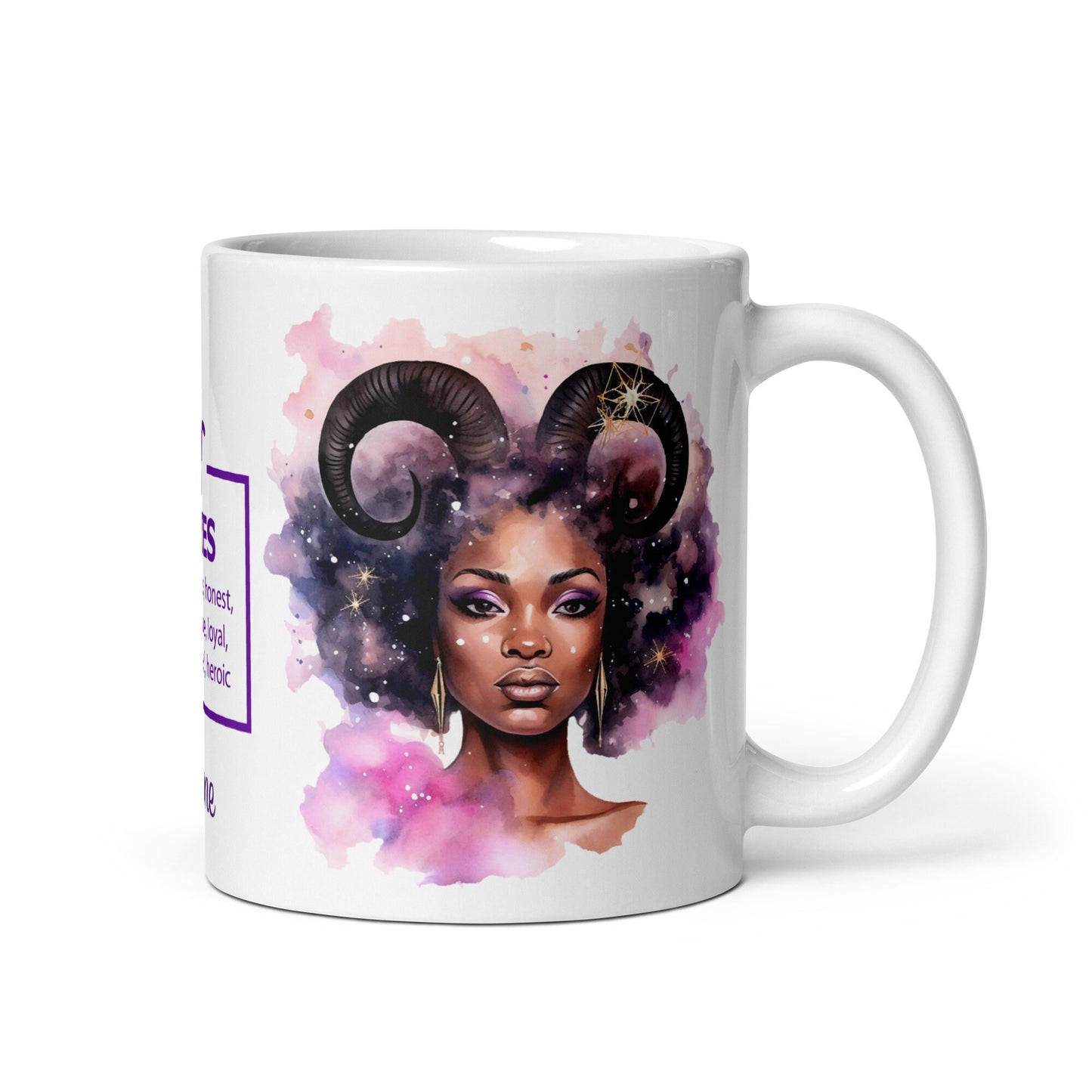 Personalized Zodiac Theme White glossy mug | Aries Astrological Sign Coffee Mug with Black Queen Illustration | Horoscope Mug Gift for Her