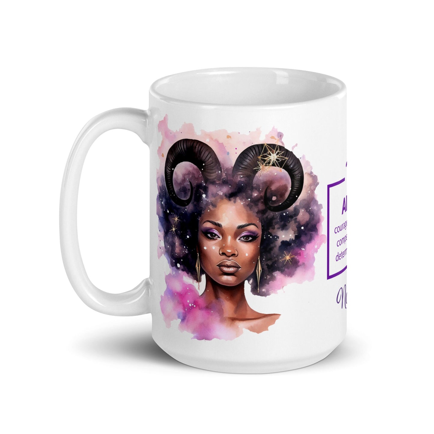 Personalized Zodiac Theme White glossy mug | Aries Astrological Sign Coffee Mug with Black Queen Illustration | Horoscope Mug Gift for Her