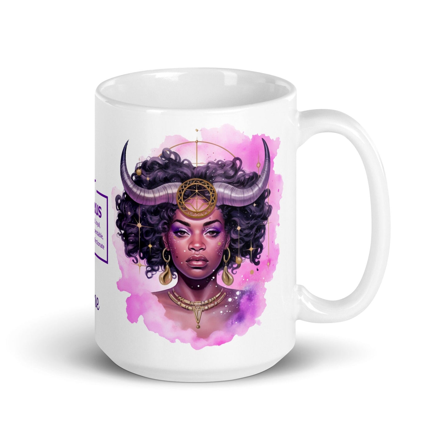 Personalized Zodiac Theme White glossy mug | Taurus Astrological Sign Coffee Mug with Black Queen Illustration | Horoscope Mug Gift for Her