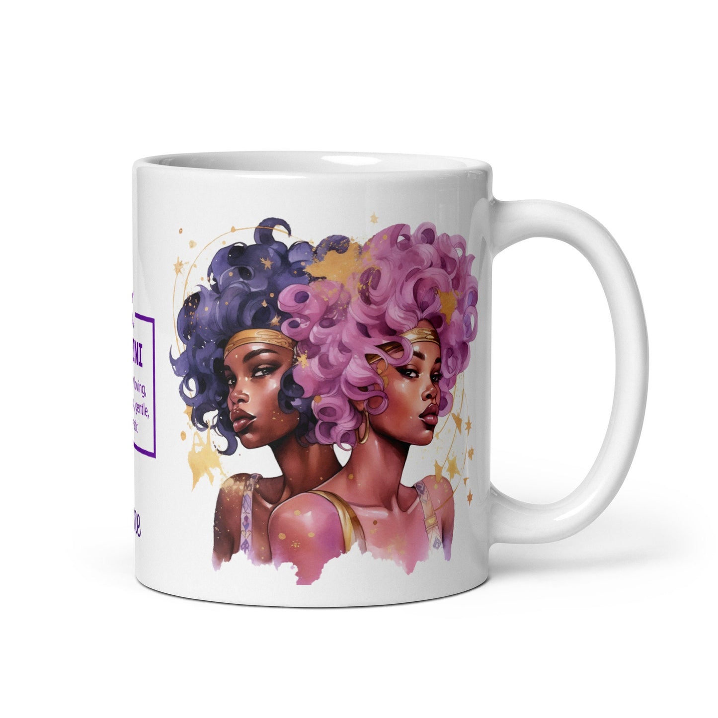 Personalized Zodiac Theme White glossy mug | Gemini Astrological Sign Coffee Mug with Black Queen Illustration | Horoscope Mug Gift for Her