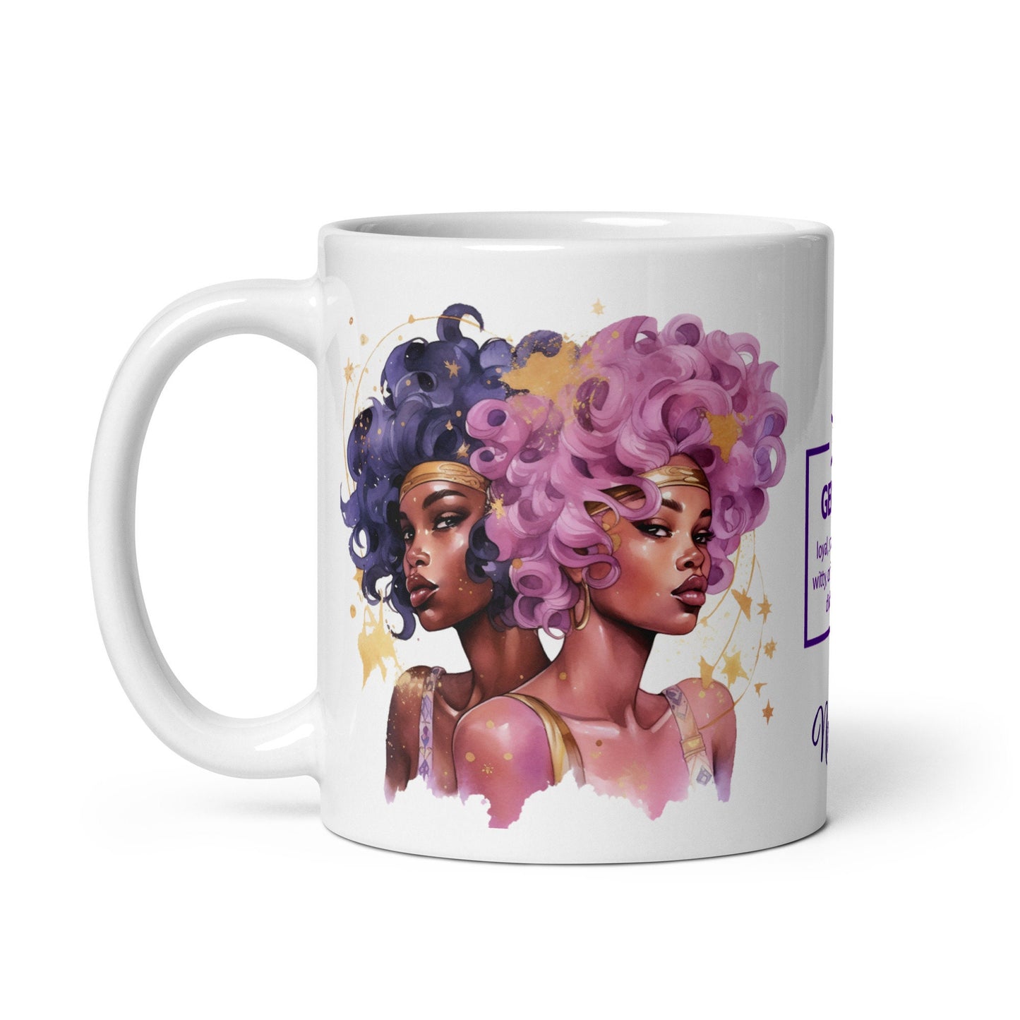 Personalized Zodiac Theme White glossy mug | Gemini Astrological Sign Coffee Mug with Black Queen Illustration | Horoscope Mug Gift for Her