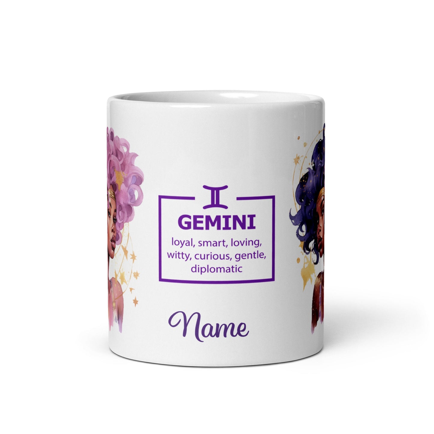 Personalized Zodiac Theme White glossy mug | Gemini Astrological Sign Coffee Mug with Black Queen Illustration | Horoscope Mug Gift for Her