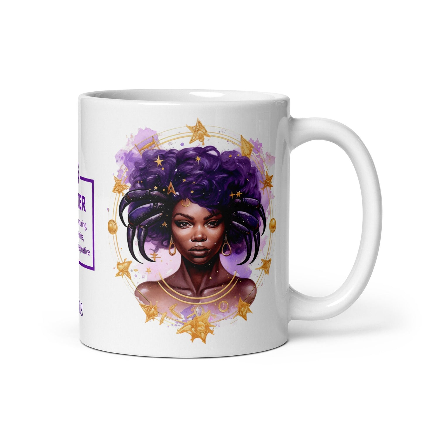 Personalized Zodiac Theme White glossy mug | Cancer Astrological Sign Coffee Mug with Black Queen Illustration | Horoscope Mug Gift for Her
