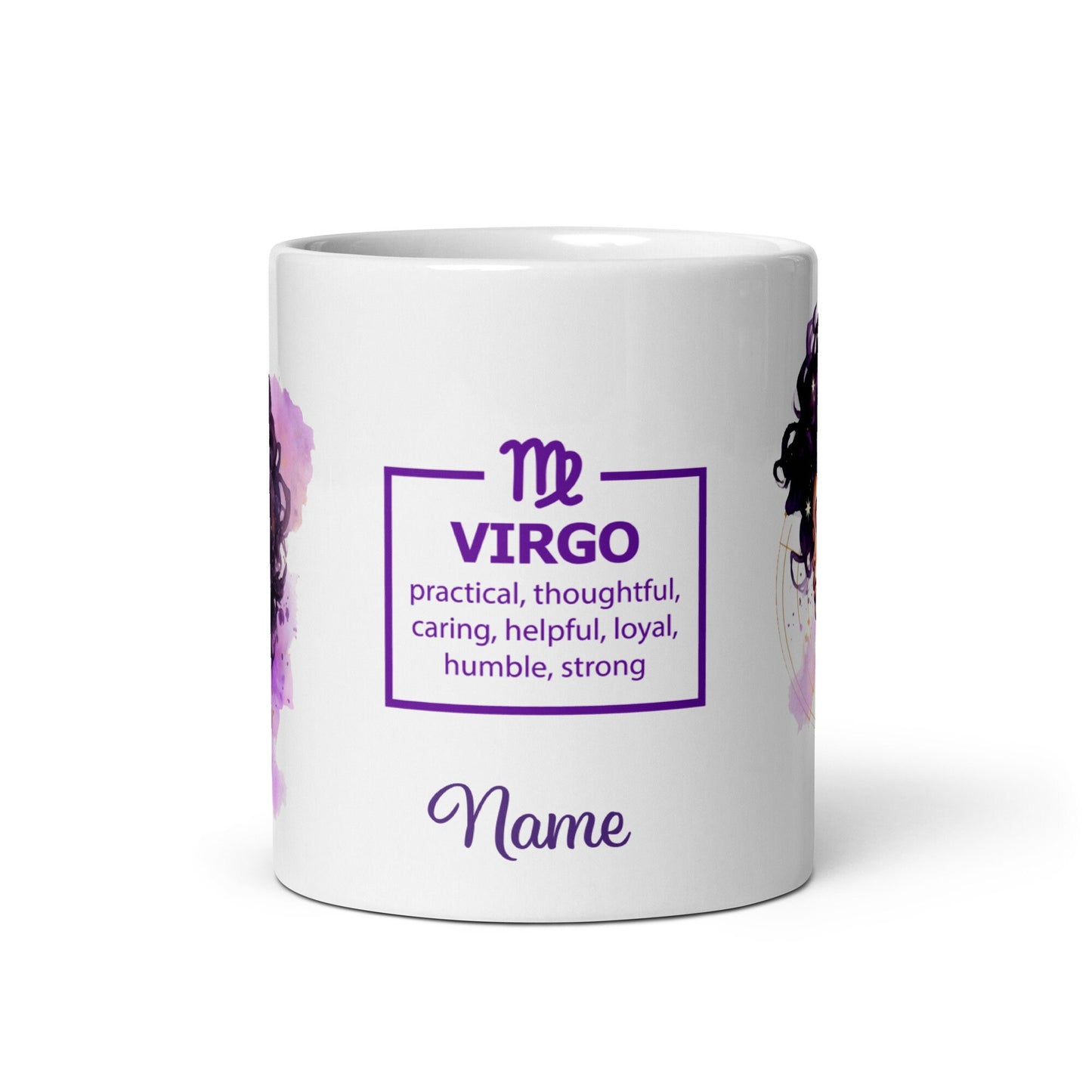 Personalized Zodiac Theme White glossy mug | Virgo Astrological Sign Coffee Mug with Black Queen Illustration | Horoscope Mug Gift for Her