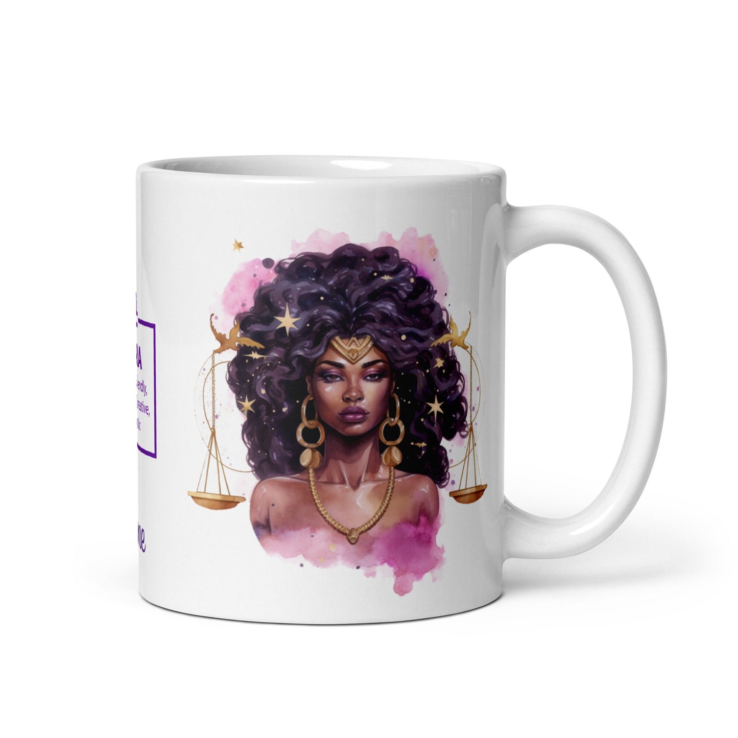 Personalized Zodiac Theme White glossy mug | Libra Astrological Sign Coffee Mug with Black Queen Illustration | Horoscope Mug Gift for Her