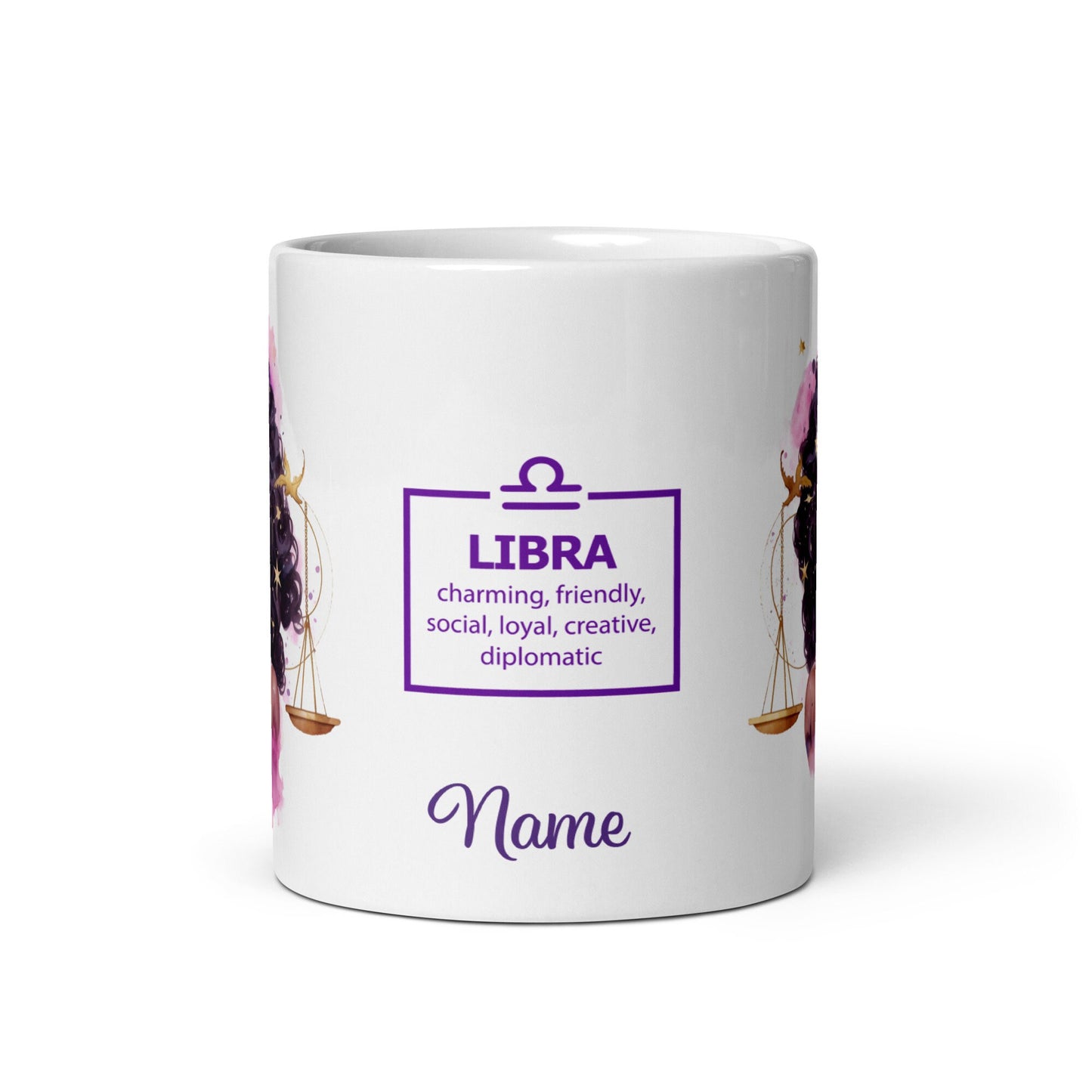 Personalized Zodiac Theme White glossy mug | Libra Astrological Sign Coffee Mug with Black Queen Illustration | Horoscope Mug Gift for Her
