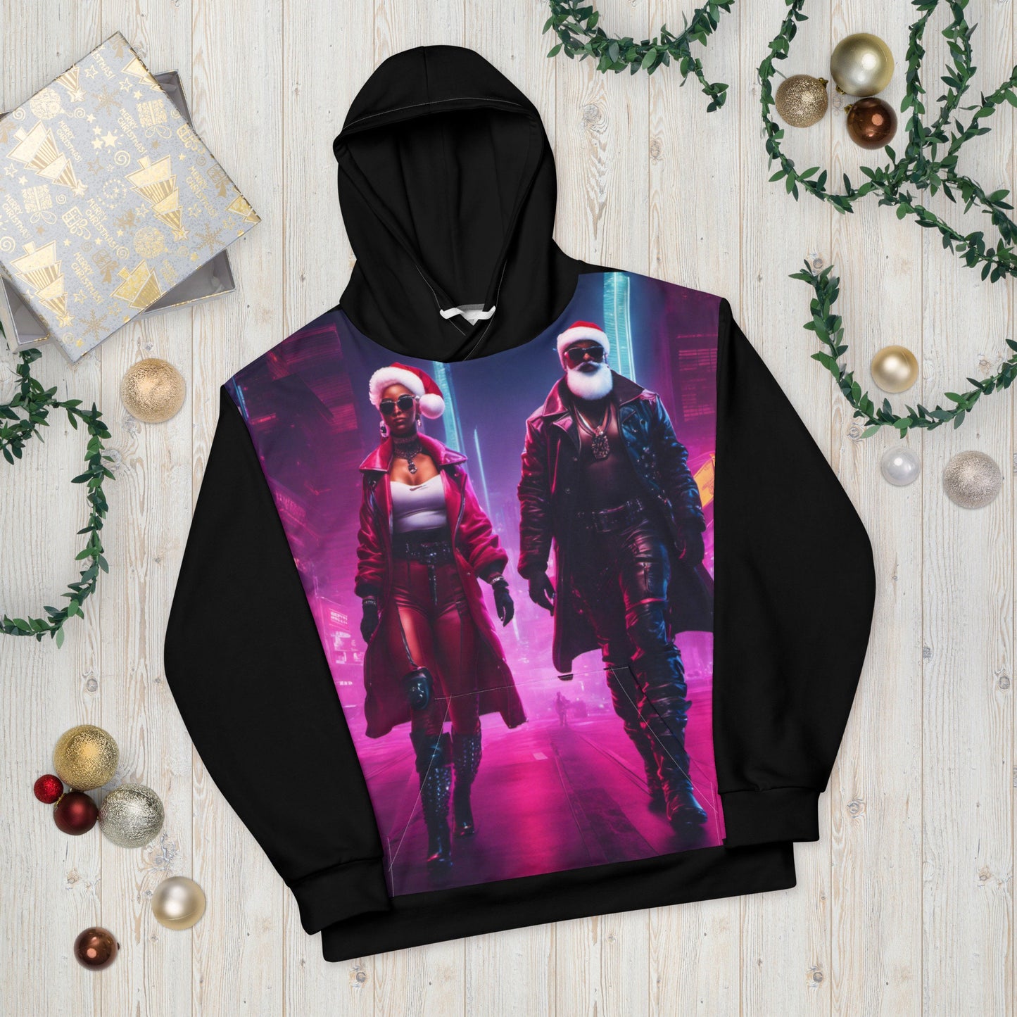 Futuristic Black Santa and Mrs Claus Unisex Hoodie | Unique Holiday Hoodie Gift for Her or Him | Black Girl Christmas for the Culture