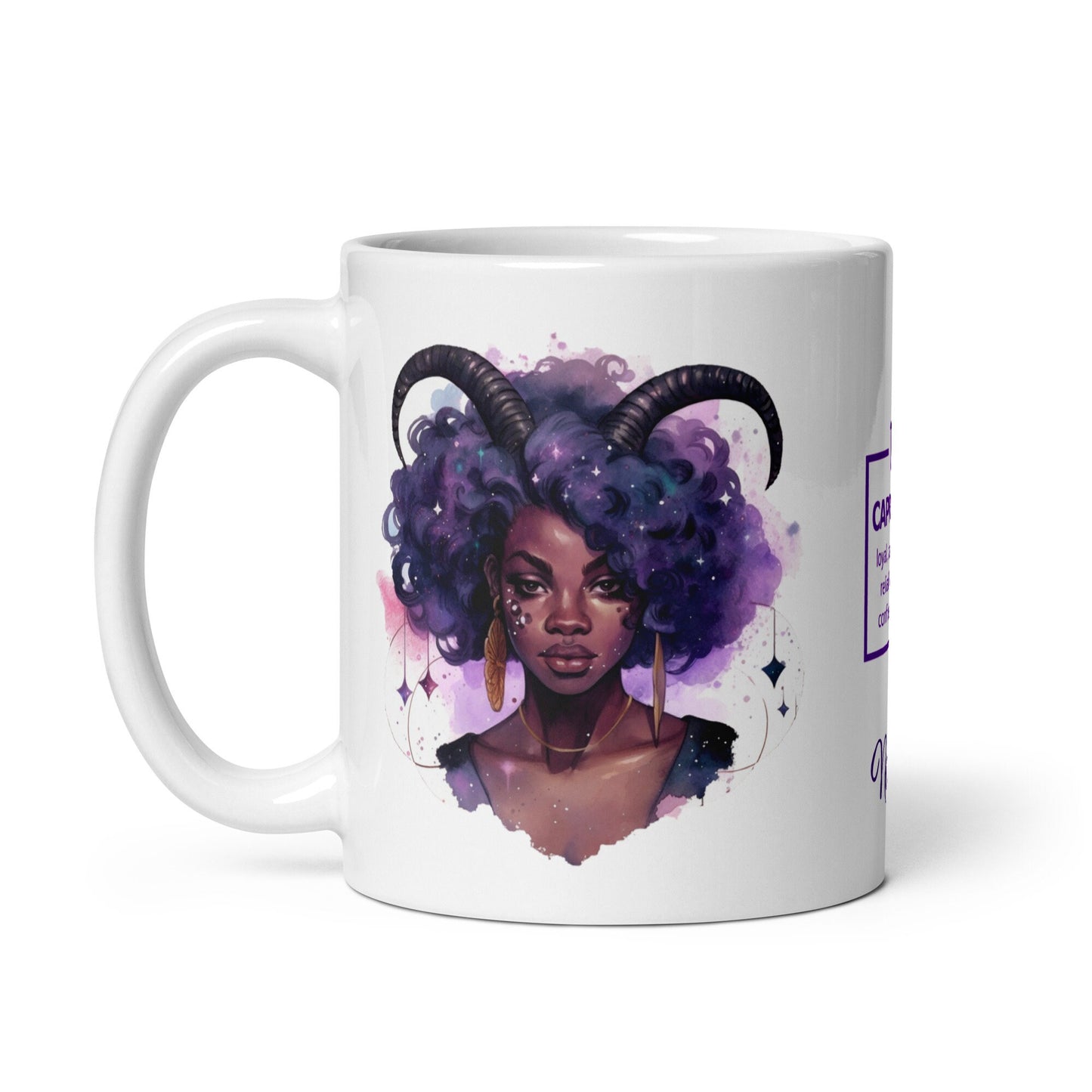 Personalized Zodiac White glossy mug | Capricorn Astrological Sign Coffee Mug with Black Queen Illustration | Horoscope Mug Gift for Her