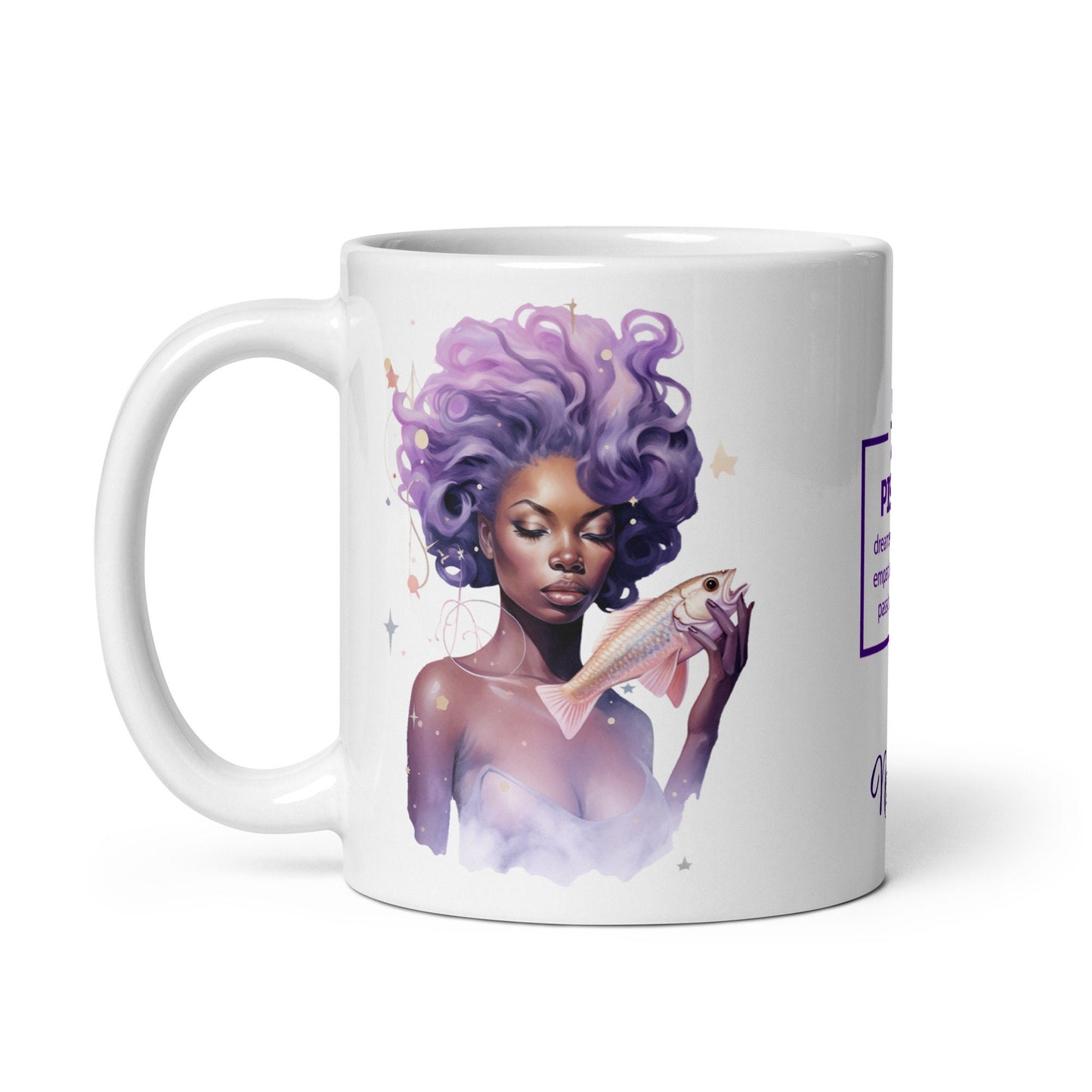 Personalized Zodiac Theme White glossy mug | Pisces Astrological Sign Coffee Mug with Black Queen Illustration | Horoscope Mug Gift for Her
