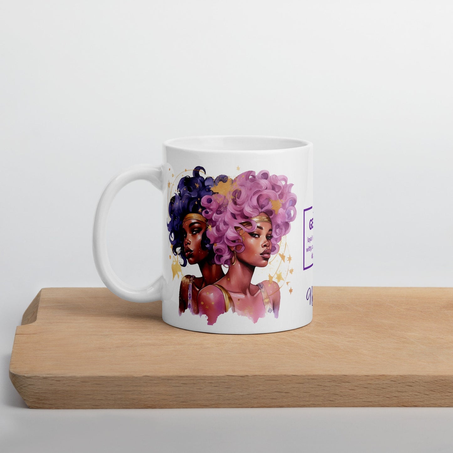 Personalized Zodiac Theme White glossy mug | Gemini Astrological Sign Coffee Mug with Black Queen Illustration | Horoscope Mug Gift for Her