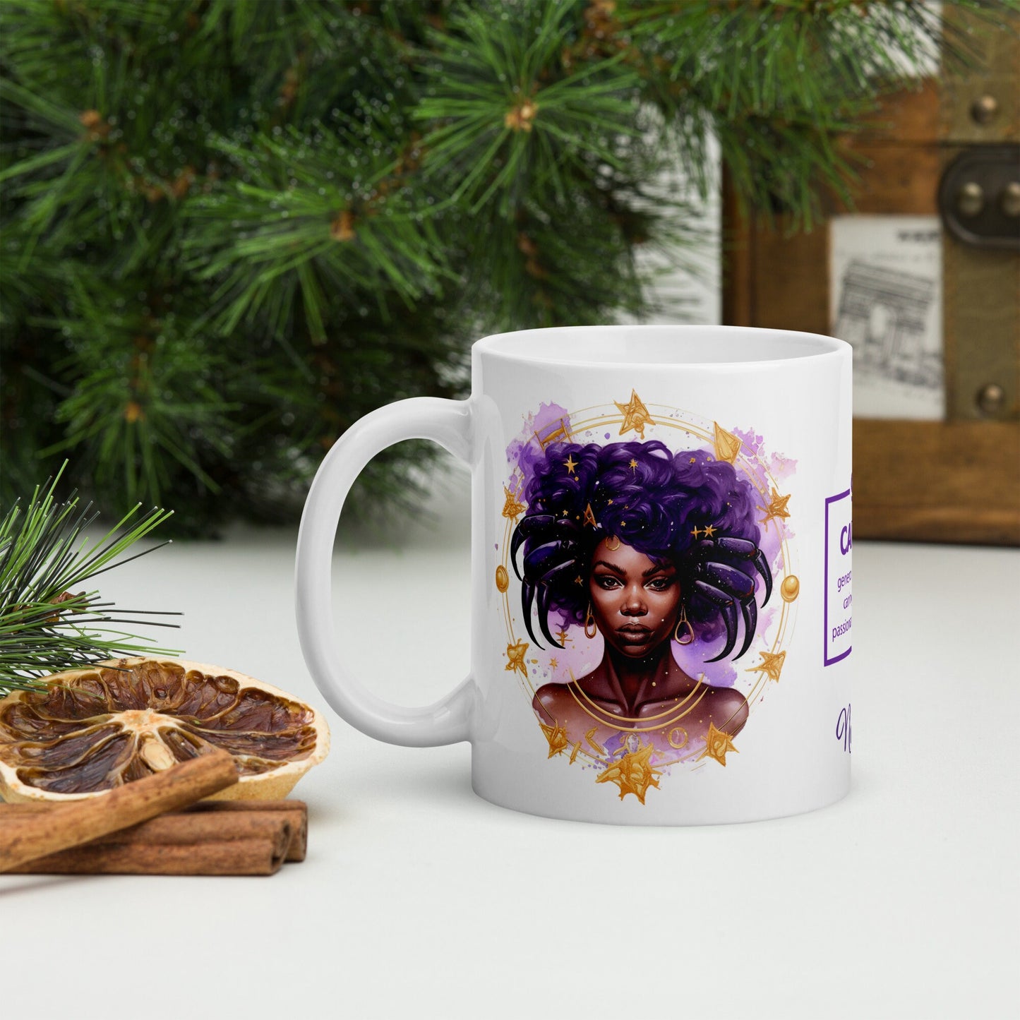Personalized Zodiac Theme White glossy mug | Cancer Astrological Sign Coffee Mug with Black Queen Illustration | Horoscope Mug Gift for Her