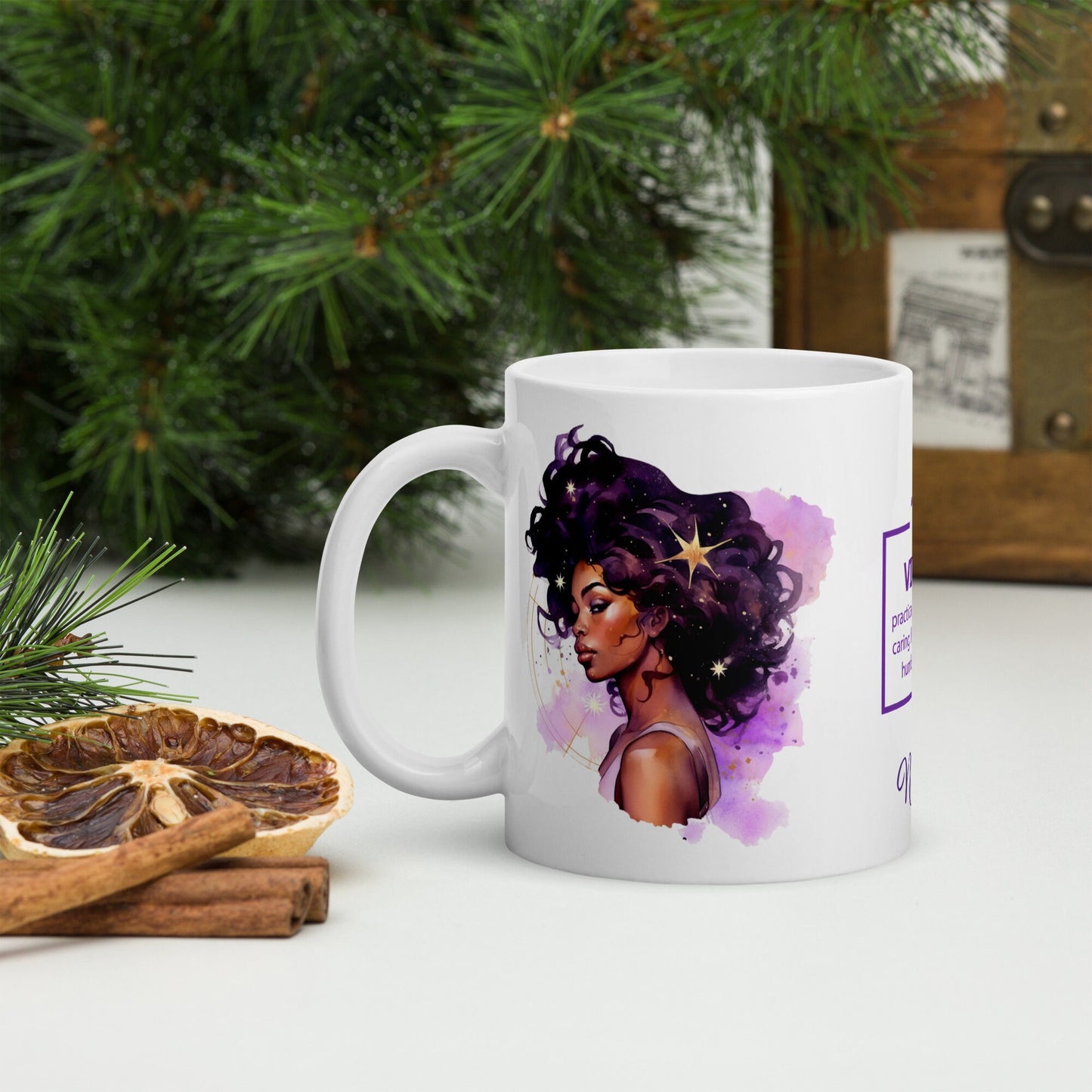 Personalized Zodiac Theme White glossy mug | Virgo Astrological Sign Coffee Mug with Black Queen Illustration | Horoscope Mug Gift for Her