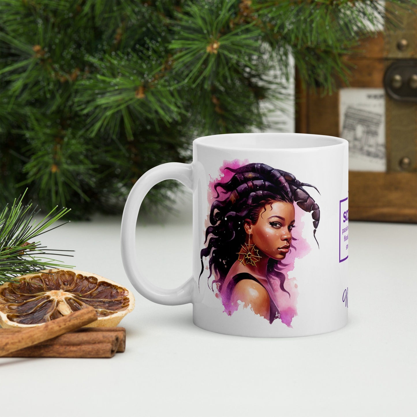 Personalized Zodiac Theme White glossy mug | Scorpio Astrological Sign Coffee Mug with Black Queen Illustration | Horoscope Mug Gift for Her