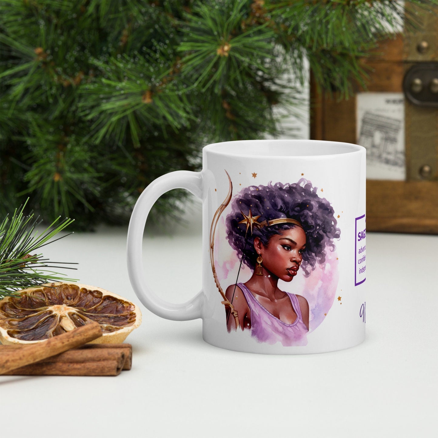 Personalized Zodiac Theme White glossy mug | Sagittarius Astrological Sign Coffee Mug with Black Queen Art | Horoscope Mug Gift for Her