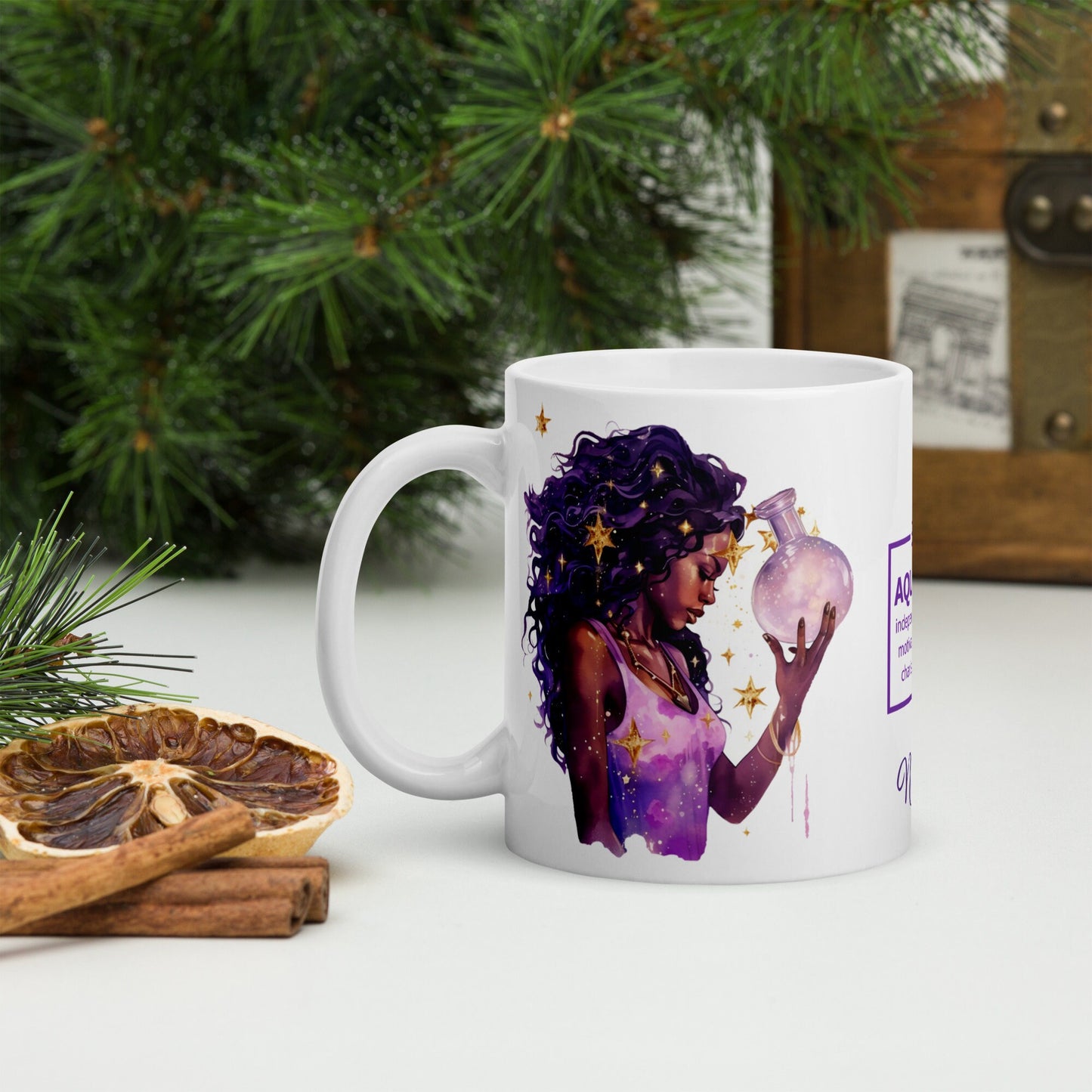Personalized Aquarius Theme White glossy mug | Astrological Sign Coffee Mug with Black Queen Illustration | Horoscope Mug Gift for Her