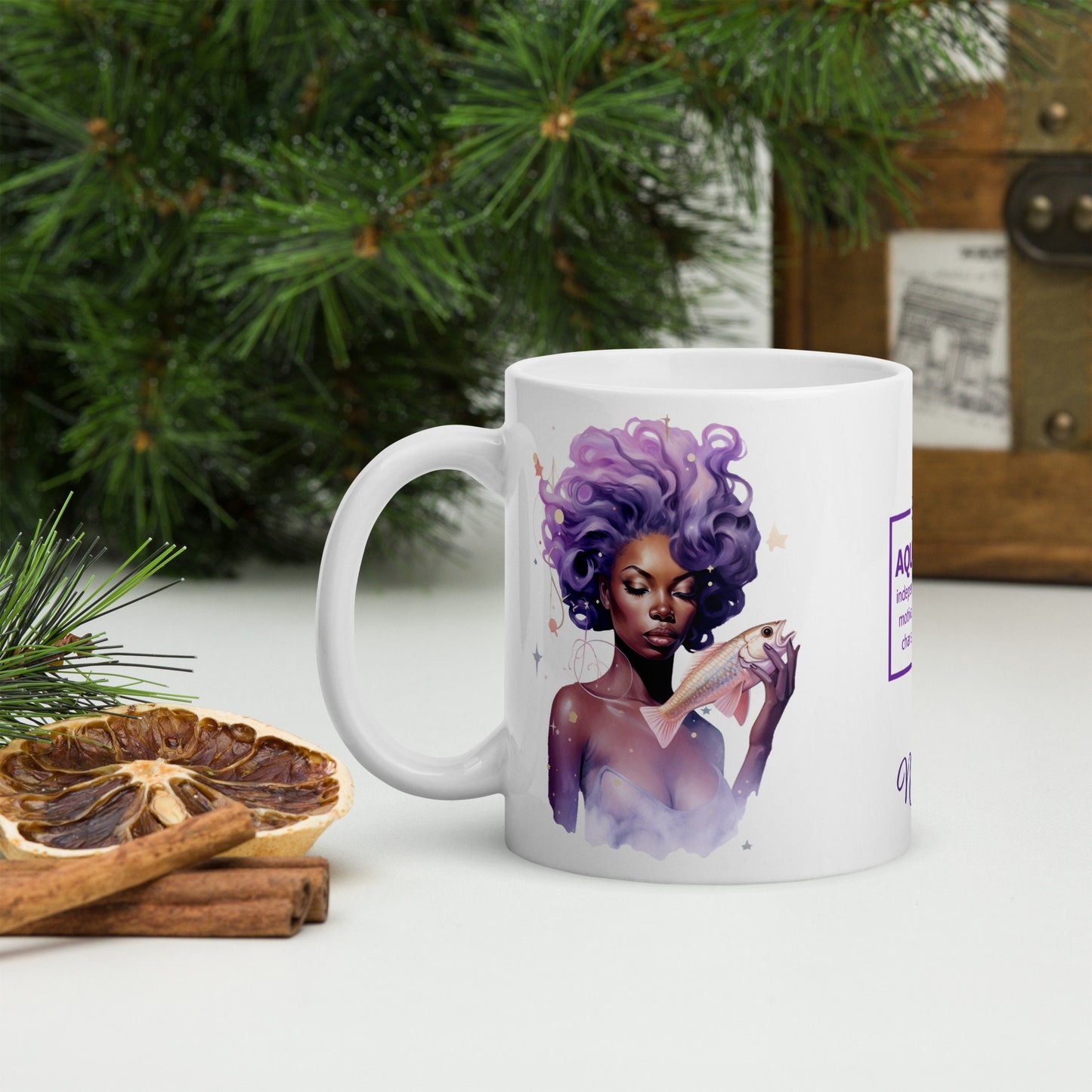Personalized Zodiac Theme White glossy mug | Pisces Astrological Sign Coffee Mug with Black Queen Illustration | Horoscope Mug Gift for Her