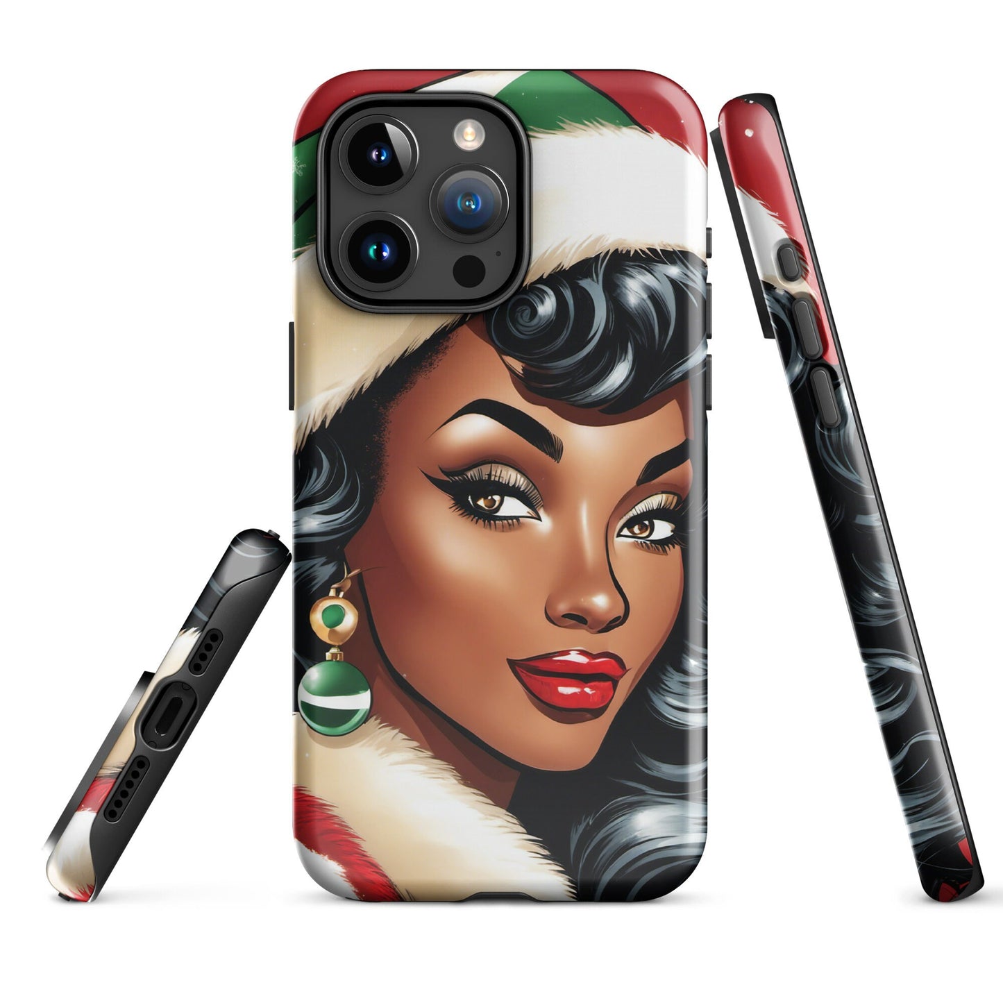 Tough Phone Case with Black Pin up with Christmas Illustration | Afro Centric Phone Case | Black Girl Christmas Gift for Her