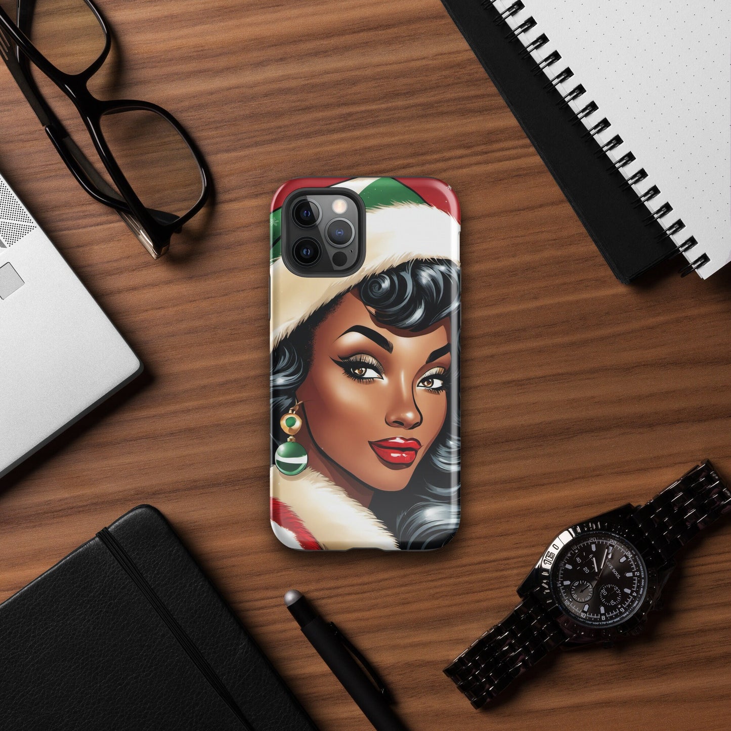 Tough Phone Case with Black Pin up with Christmas Illustration | Afro Centric Phone Case | Black Girl Christmas Gift for Her