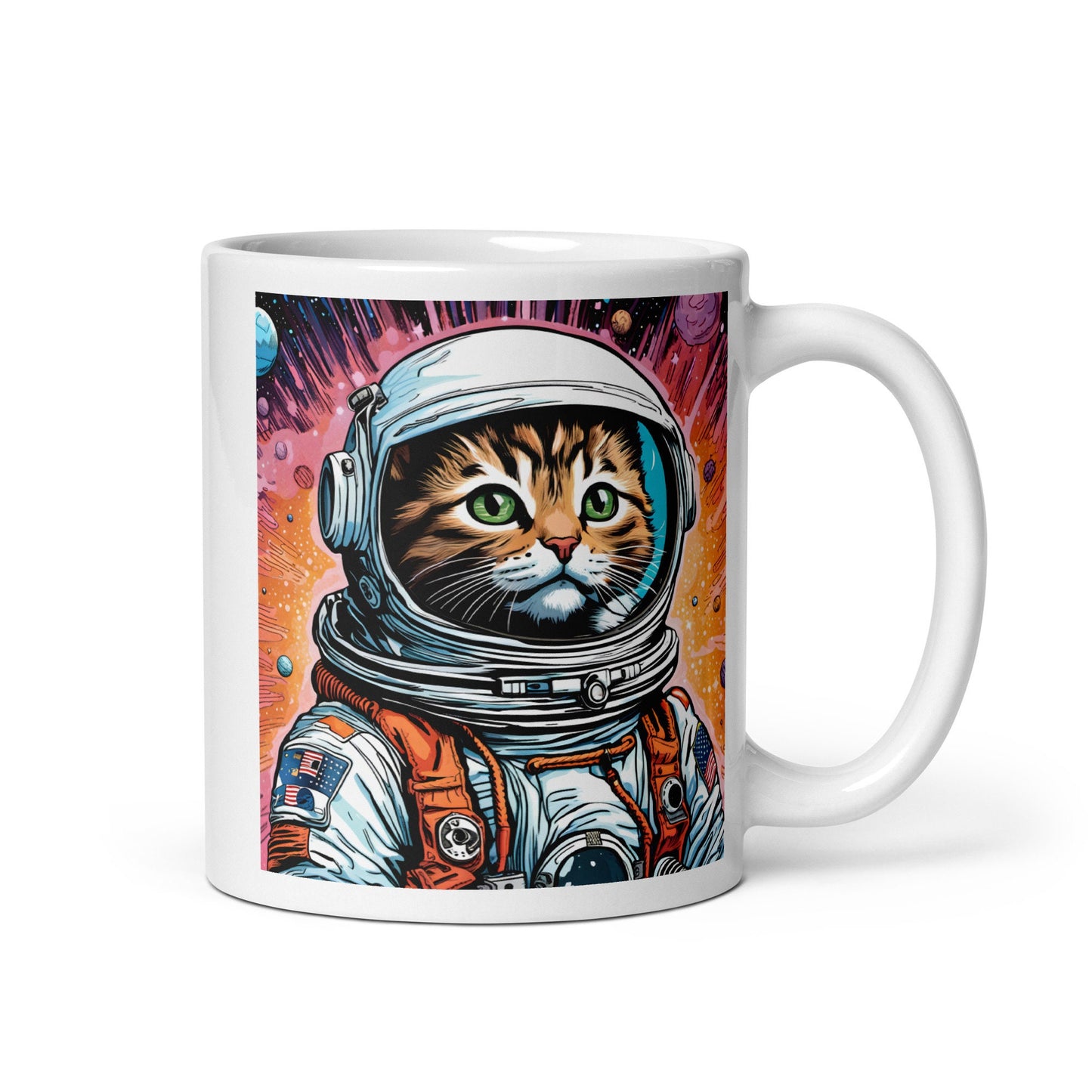 Colorful Astro Kitty Unisex White Glossy Mug| Space Age Cat Mug Gift for Her or Him | Astronaut Cat Mug Gift for Cat Lovers Draft