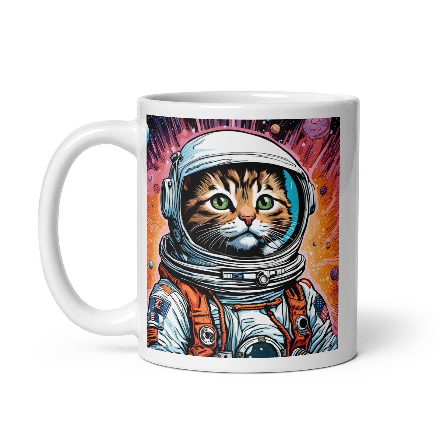 Colorful Astro Kitty Unisex White Glossy Mug| Space Age Cat Mug Gift for Her or Him | Astronaut Cat Mug Gift for Cat Lovers Draft