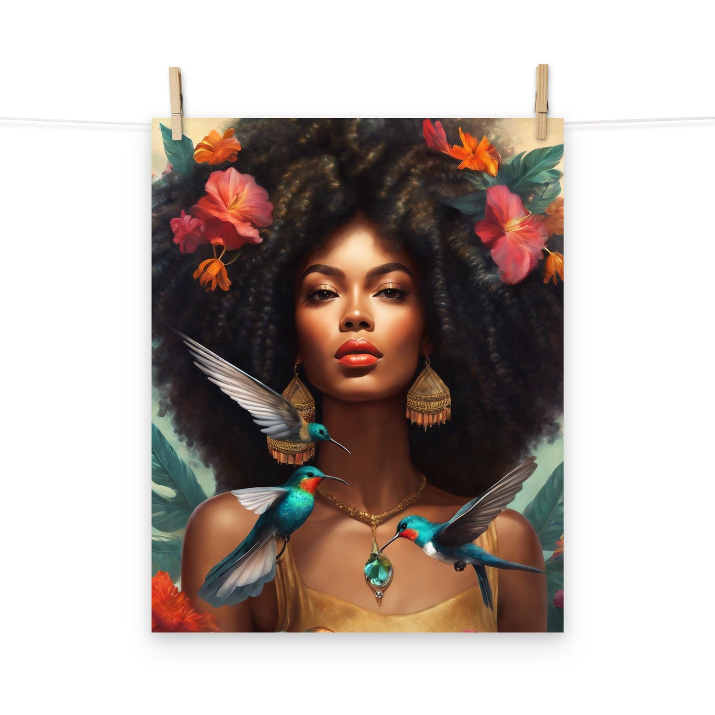 Beautiful Black Queen With Hummingbirds Poster | Black Girl Magic Wall Art | Unique Wall Decor for Home or Office Great gift for Her or Him