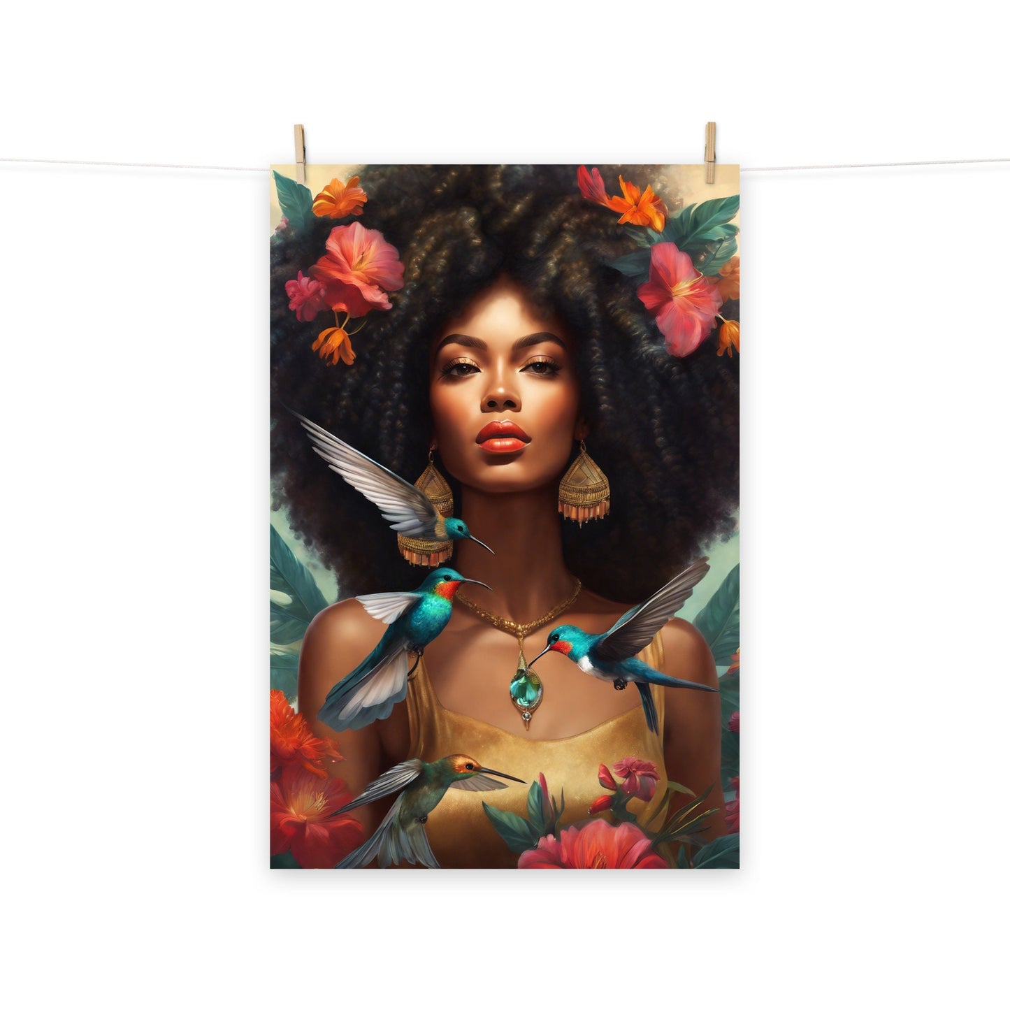 Beautiful Black Queen With Hummingbirds Poster | Black Girl Magic Wall Art | Unique Wall Decor for Home or Office Great gift for Her or Him