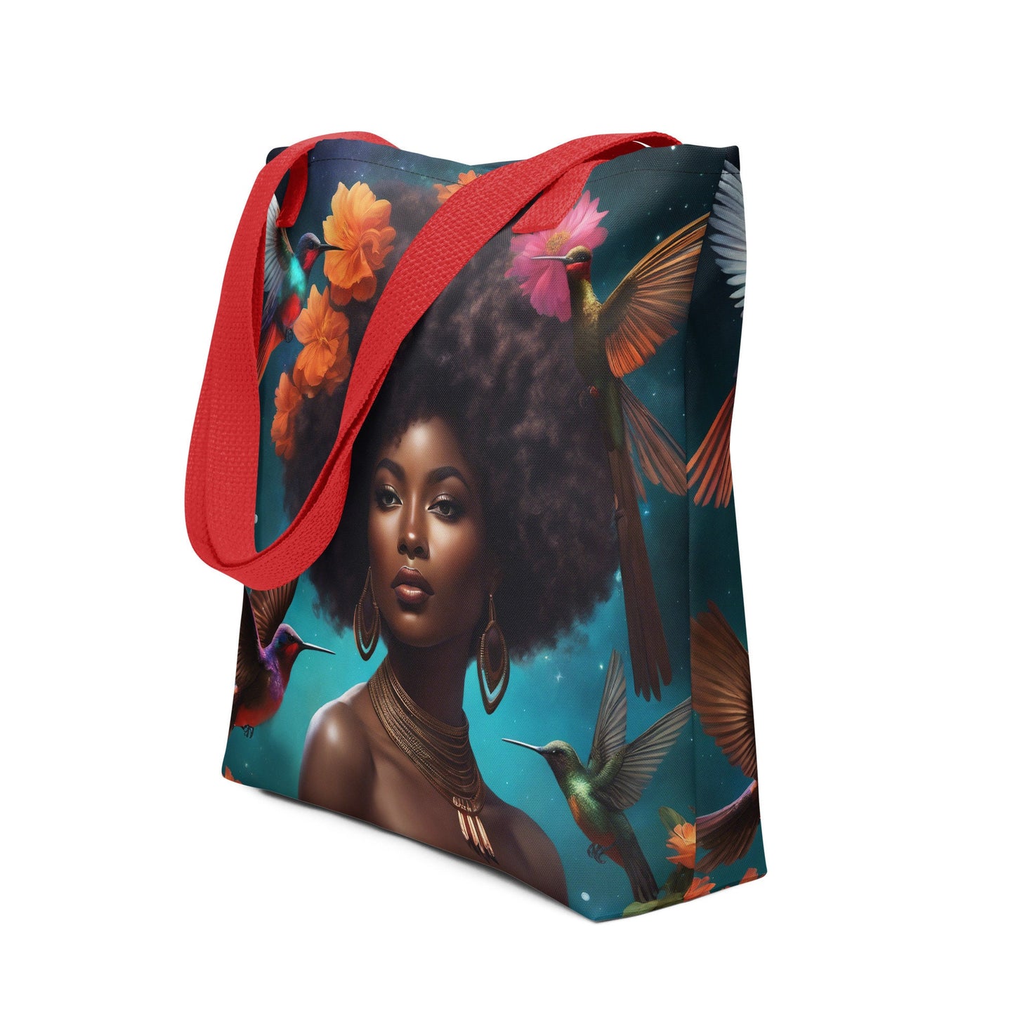 Black Melanin Queen Hummingbird Tote bag | Beautiful Aesthetic Tote Bag featuring Melanin Queen with Afro with Space and Hummingbird