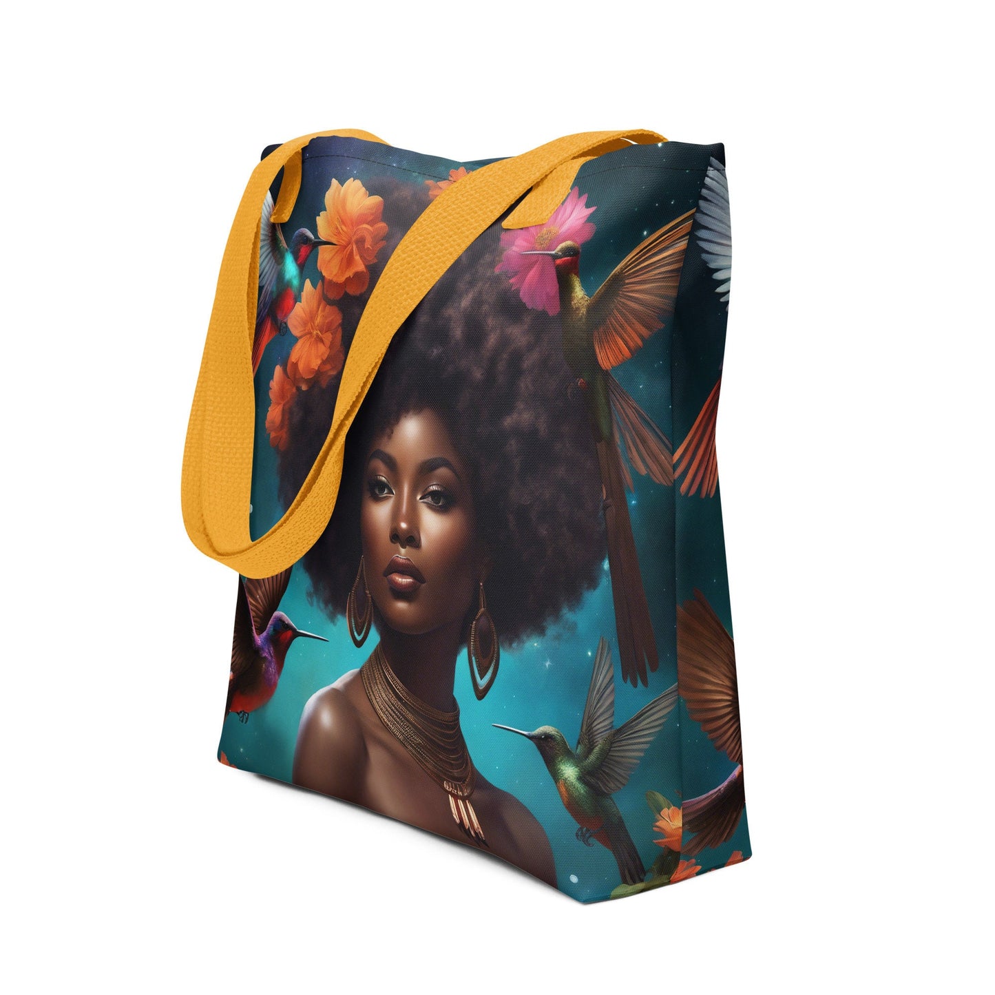 Black Melanin Queen Hummingbird Tote bag | Beautiful Aesthetic Tote Bag featuring Melanin Queen with Afro with Space and Hummingbird