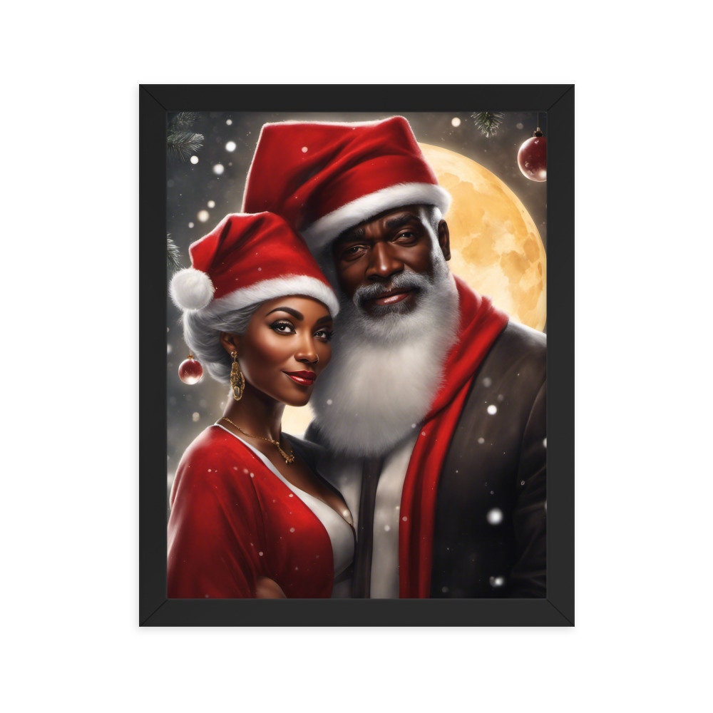 Black Santa and Mrs Claus Framed Artwork | Modern Black Santa and Mrs. Claus Christmas Wall Art | Wall Decor for the Holidays