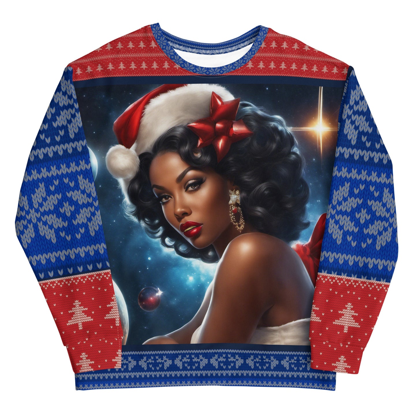 Red and Blue Ugly Christmas Sweatshirt Gift for Her | Black Girl Space Age Christmas Sweatshirt | Women's Ugly Christmas Sweater Design