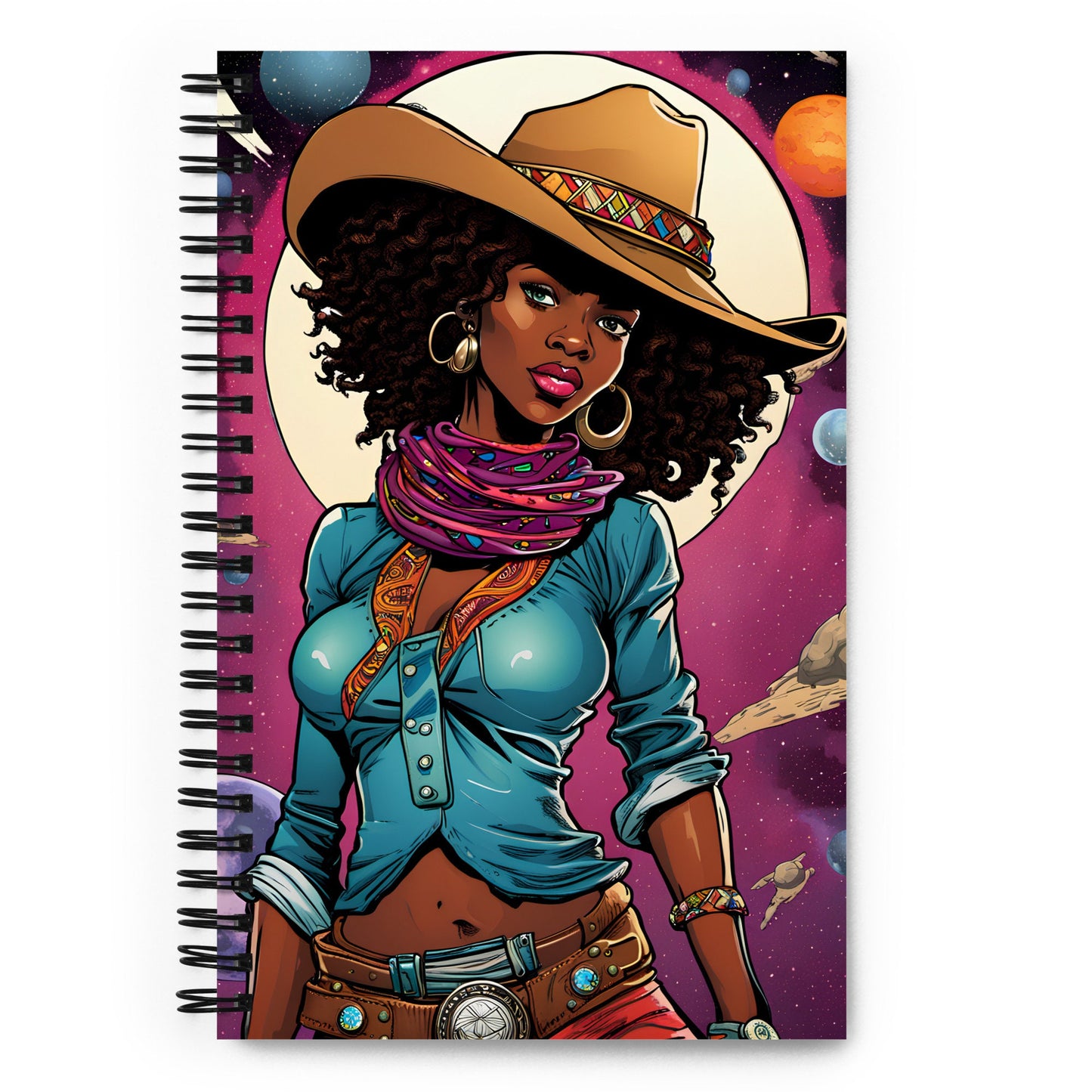 Space Black Cowgirl Spiral Notebook | Pin Up Girl Comic Book Illustration | Stylish Outerspace Journal Unique Gift for Her