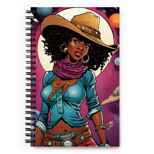 Space Black Cowgirl Spiral Notebook | Pin Up Girl Comic Book Illustration | Stylish Outerspace Journal Unique Gift for Her