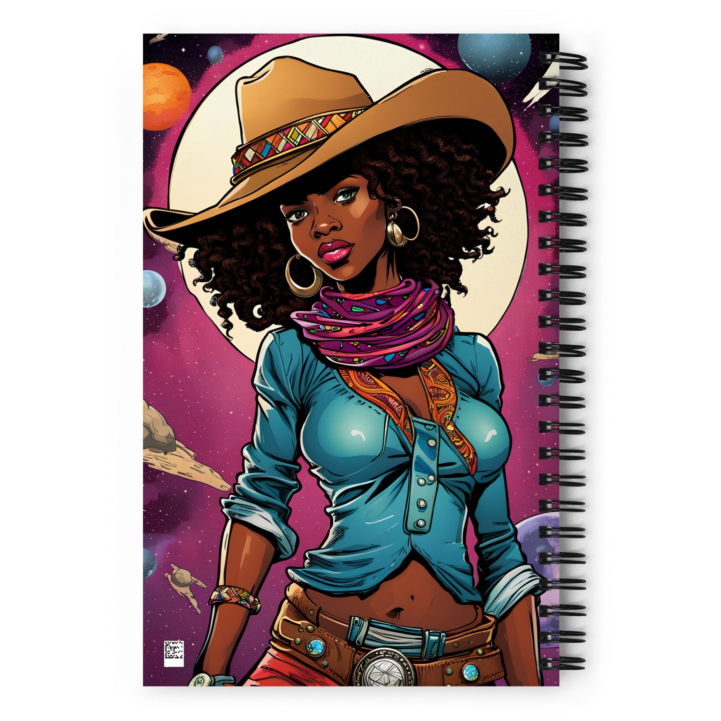 Space Black Cowgirl Spiral Notebook | Pin Up Girl Comic Book Illustration | Stylish Outerspace Journal Unique Gift for Her