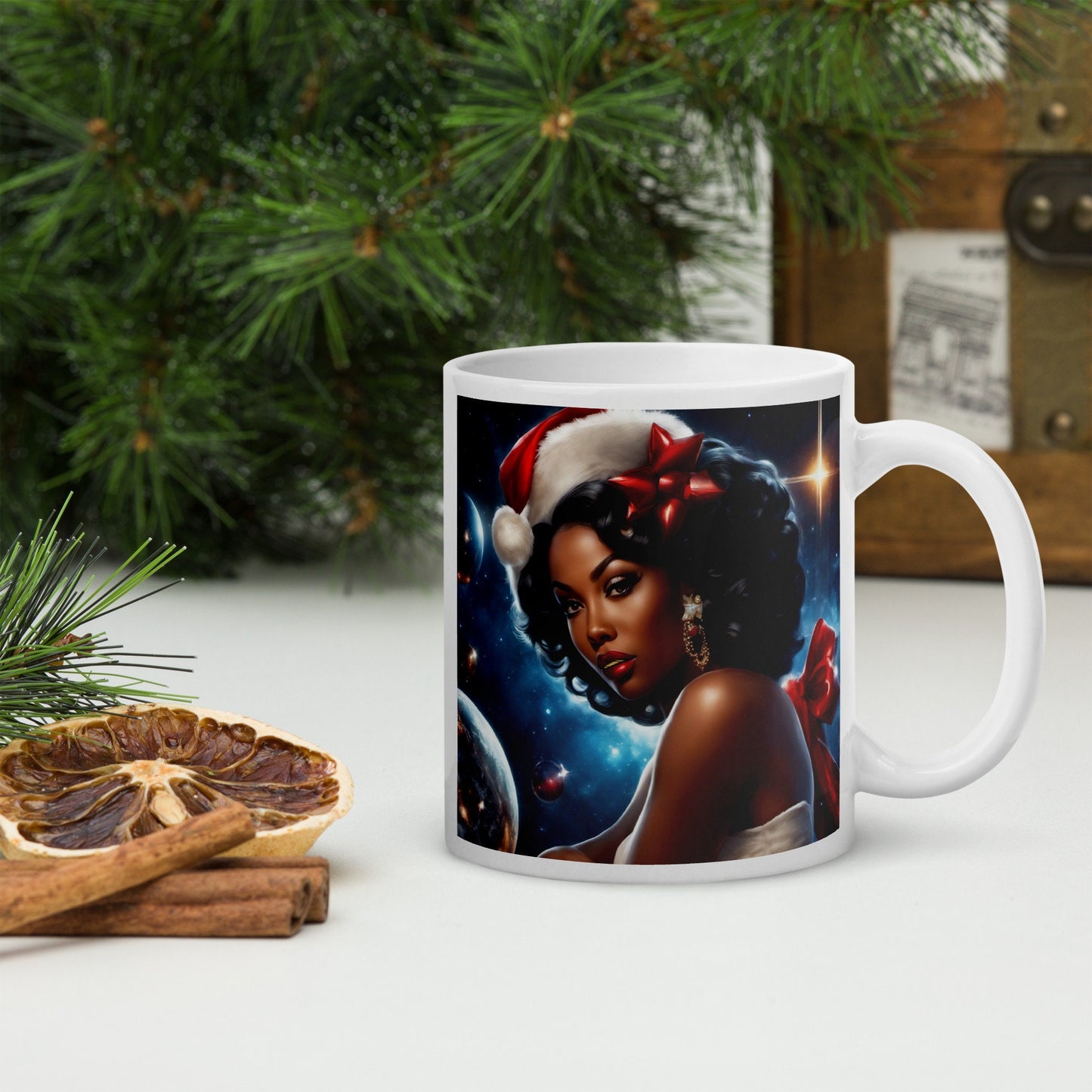 White glossy Christmas Mug | Space Age Christmas Mug | Black Girl Christmas Gift for Her | Coffee Mug for Black Girl Christmas Gift