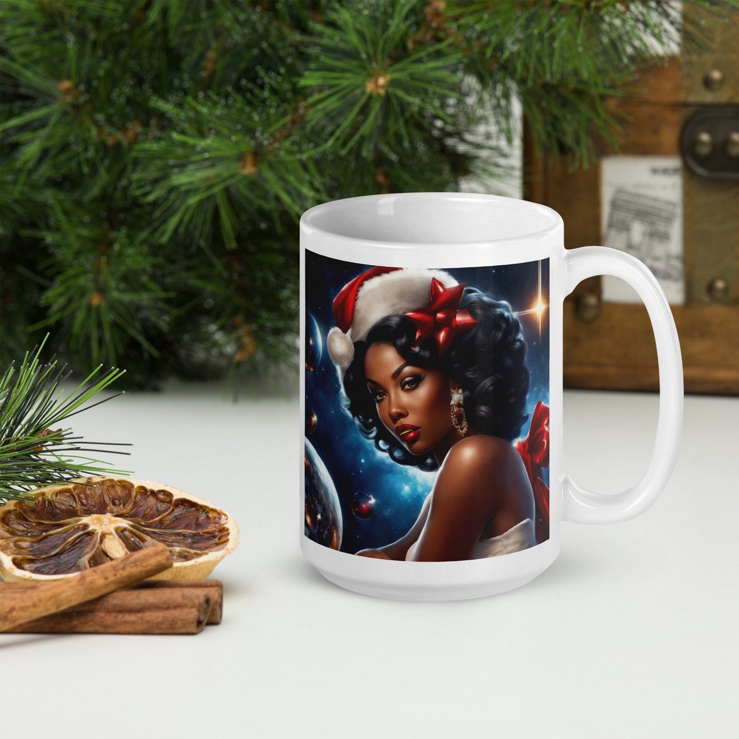 White glossy Christmas Mug | Space Age Christmas Mug | Black Girl Christmas Gift for Her | Coffee Mug for Black Girl Christmas Gift