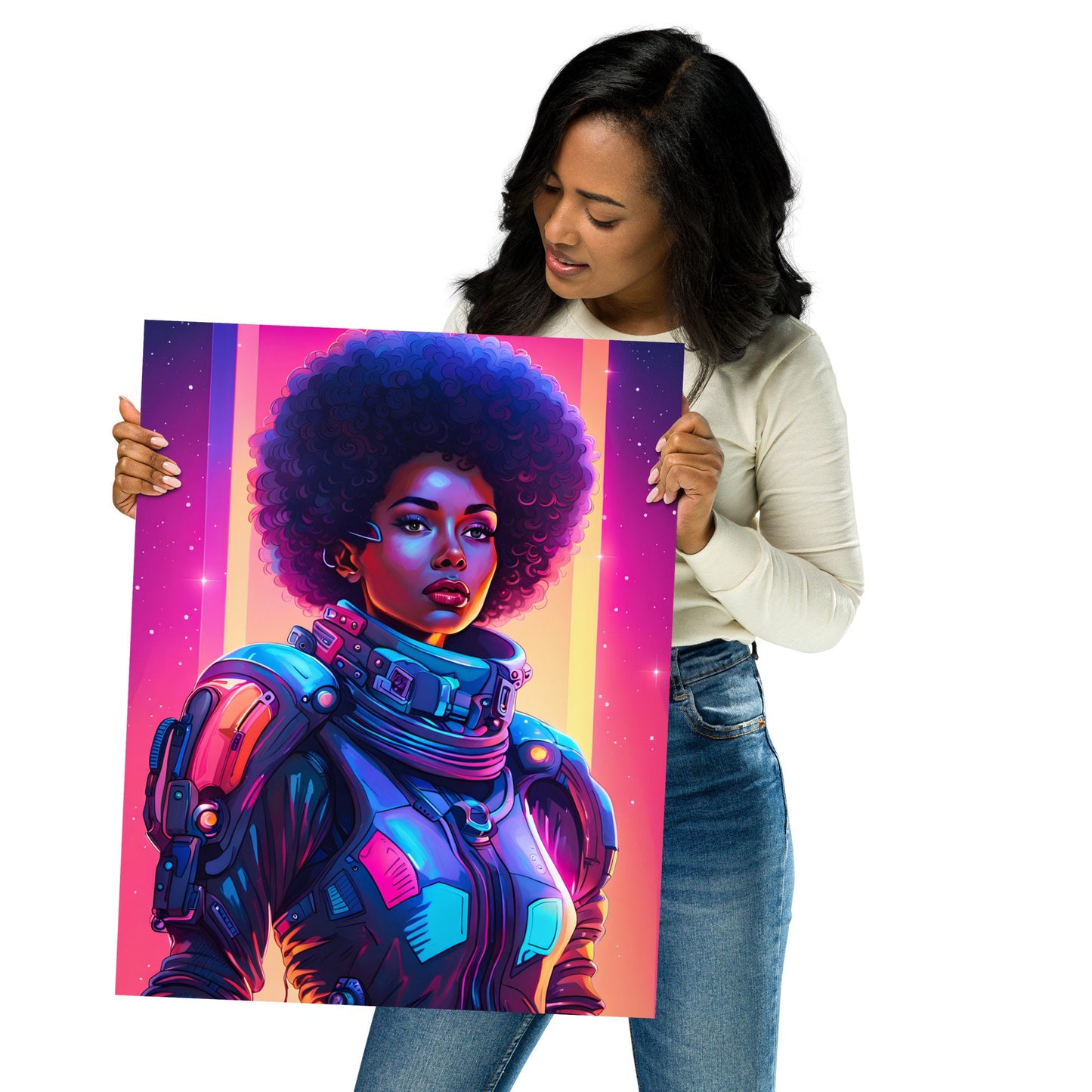 Galactic Goddess Art Work Poster | Black Queen with Afro Wall Art | Unique Home Decor for Him or Her