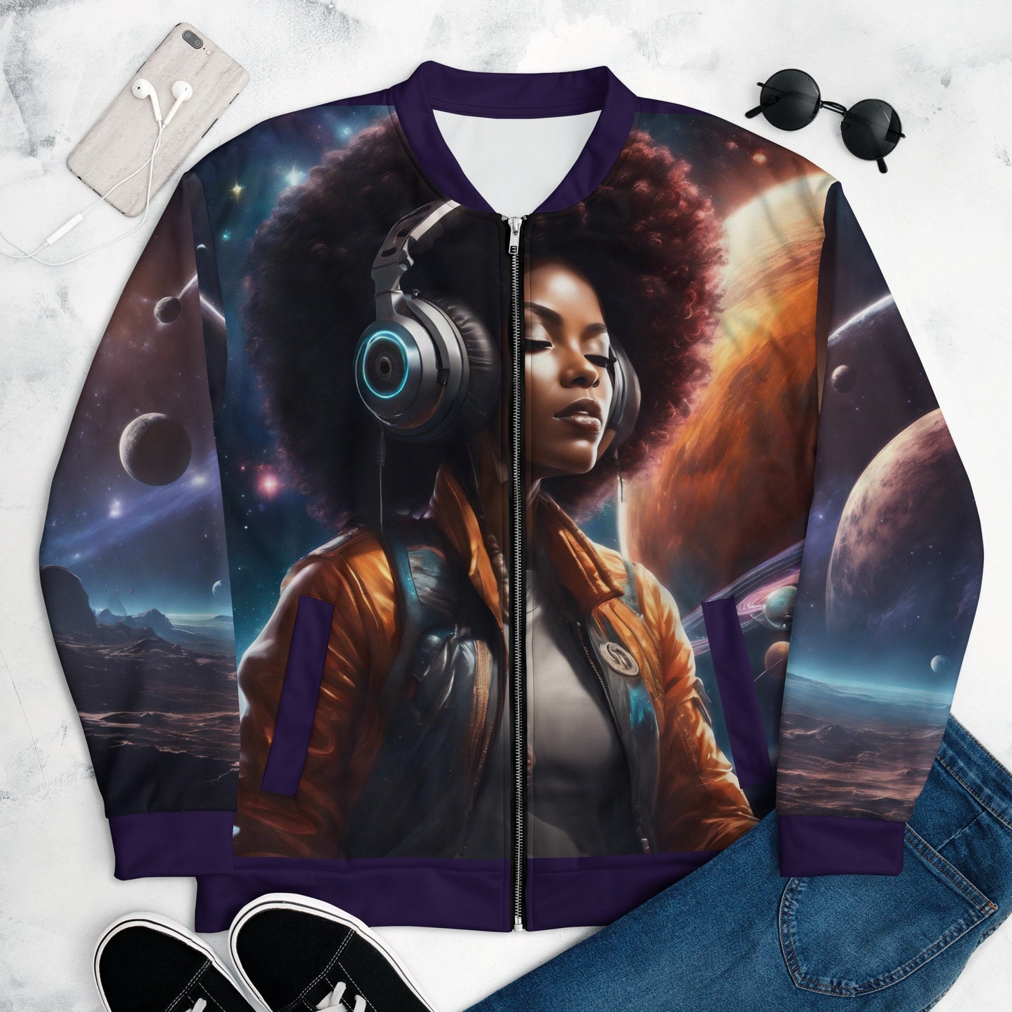 Black Woman with Afro Spaced Out with headphones Unisex Bomber | This All over Print  is a Unique Gift for Him or Her | Black Space Age Gift