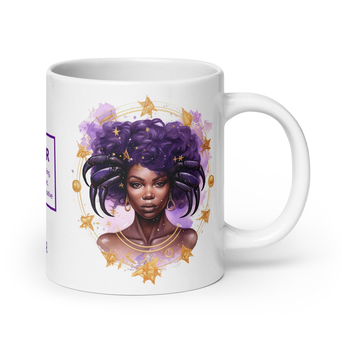 Personalized Zodiac Theme White glossy mug | Cancer Astrological Sign Coffee Mug with Black Queen Illustration | Horoscope Mug Gift for Her