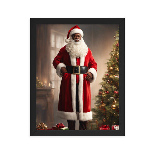 Black Santa Standing with Christmas Tree Framed Artwork | Vintage Christmas Wall Art | Black Santa Wall Decor for the Holidays