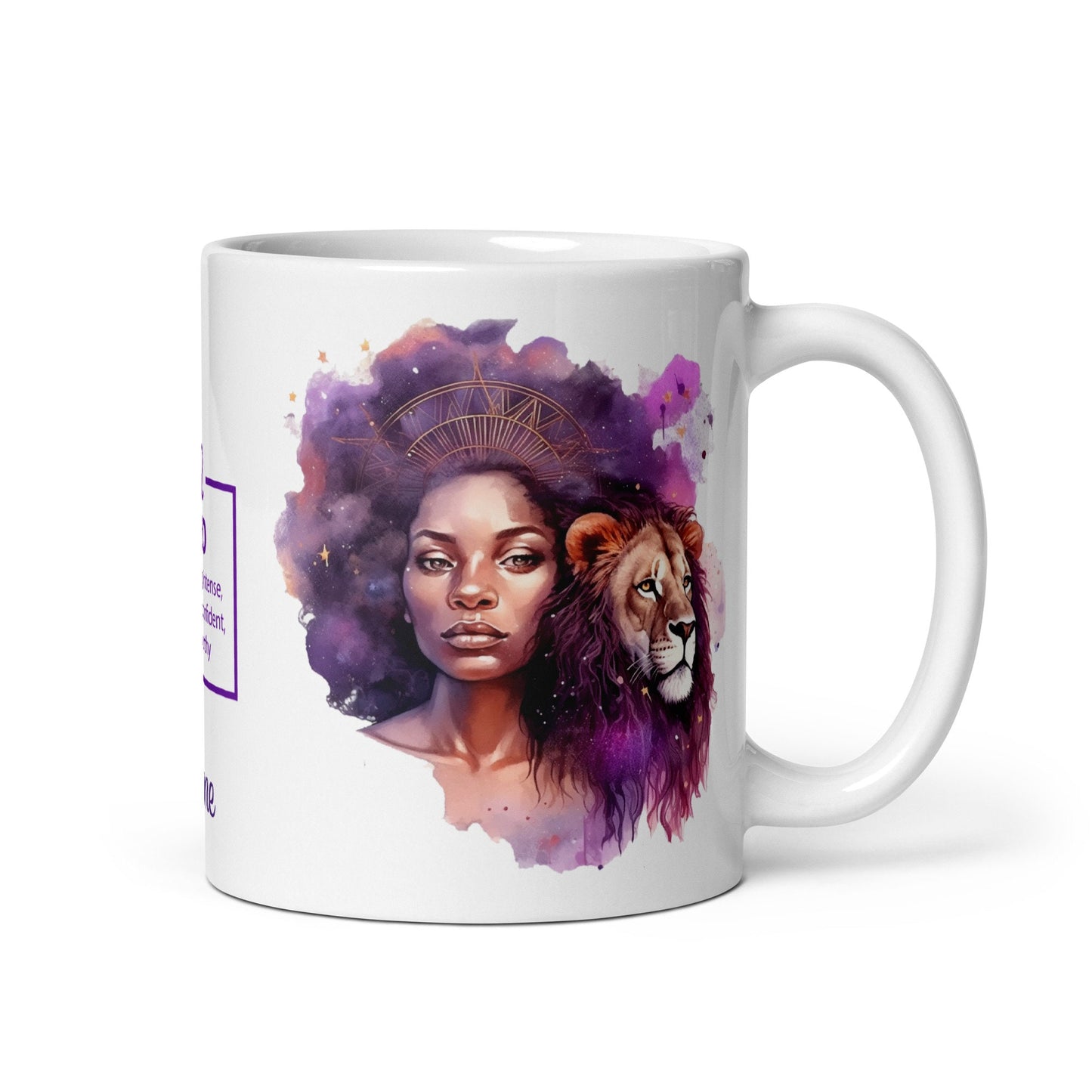 Personalized Zodiac Theme White glossy mug | Leo Astrological Sign Coffee Mug with Black Queen Illustration | Horoscope Mug Gift for Her