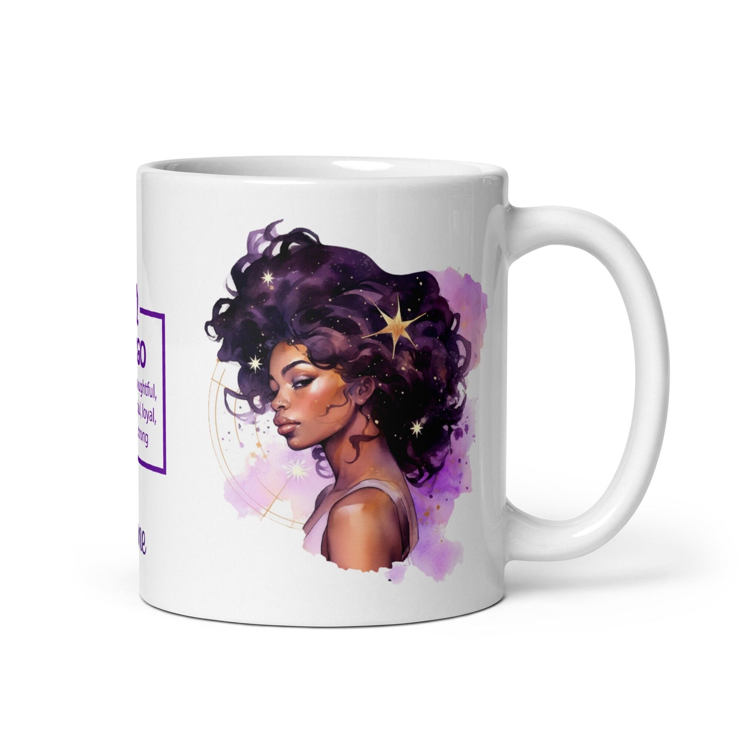 Personalized Zodiac Theme White glossy mug | Virgo Astrological Sign Coffee Mug with Black Queen Illustration | Horoscope Mug Gift for Her