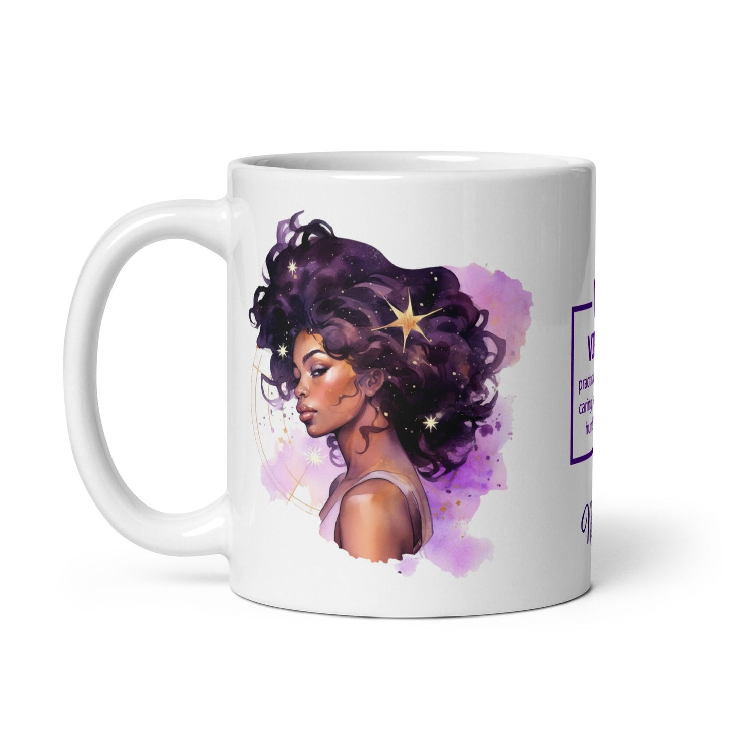 Personalized Zodiac Theme White glossy mug | Virgo Astrological Sign Coffee Mug with Black Queen Illustration | Horoscope Mug Gift for Her